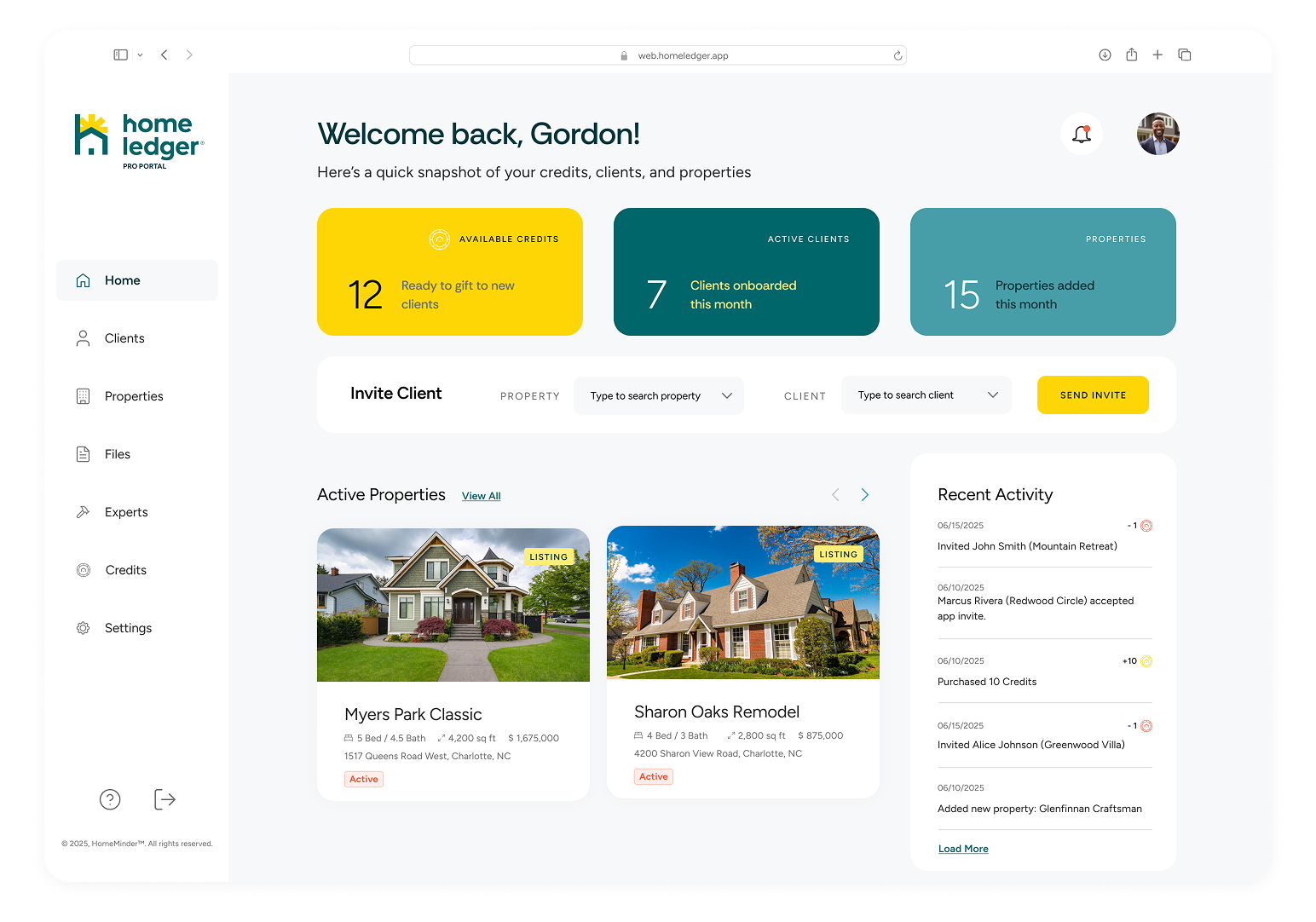 Screenshot of a web dashboard for Home Ledger with an overview of credits, clients, properties, and recent activity, showing listings of properties and activity details.