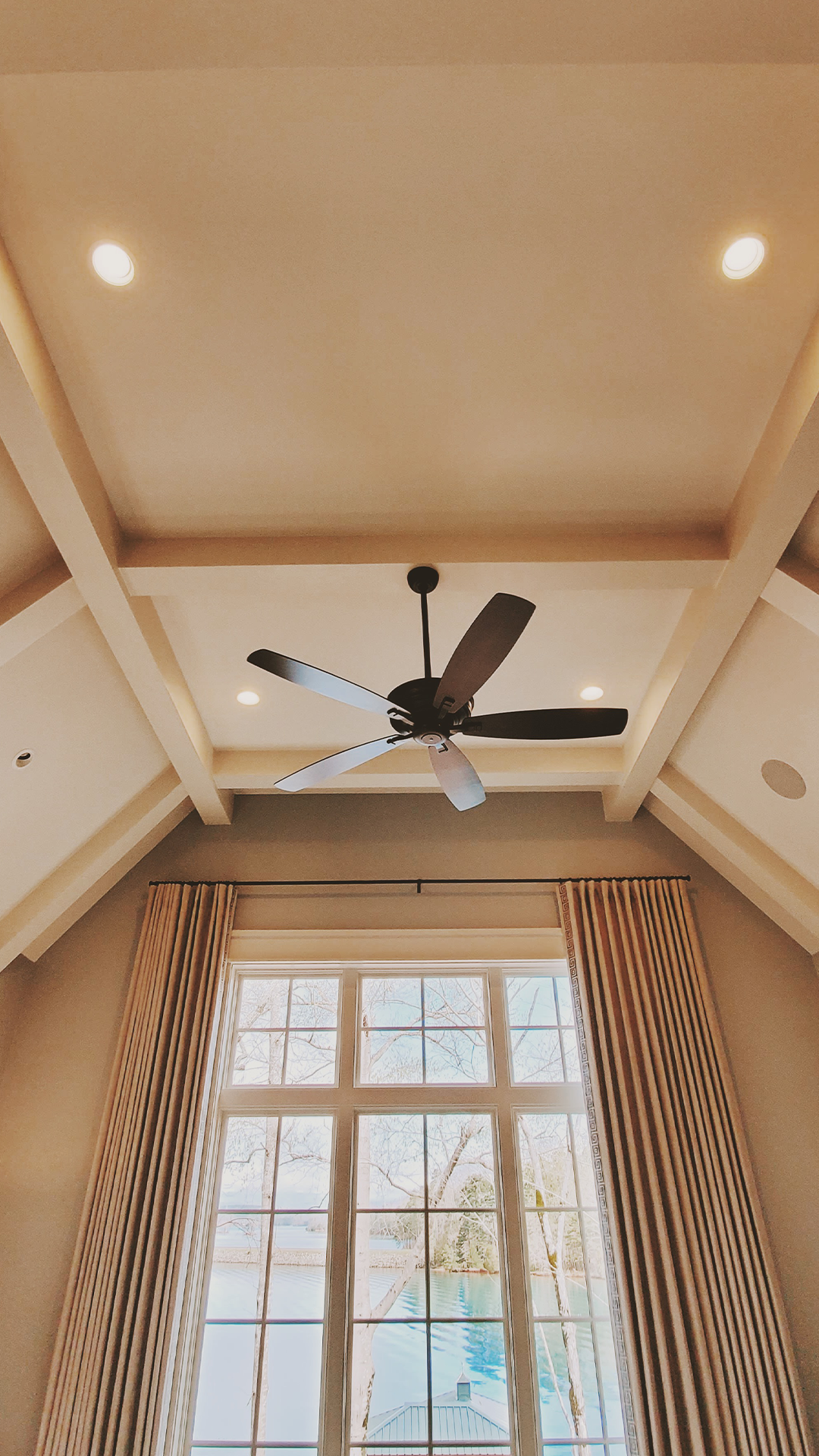 Custom coffered ceiling with wood beams and trim in Greenville SC