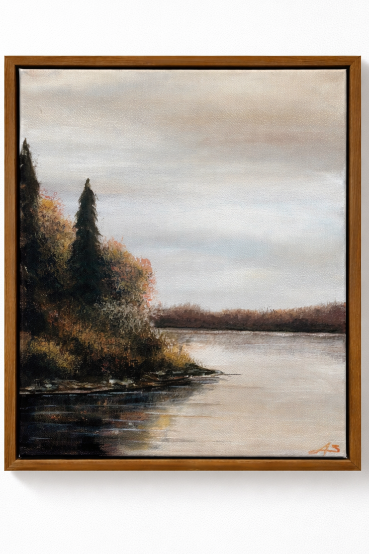 Landscape painting of a river or lake with trees and shrubs along the shoreline, depicted in warm, muted colors.