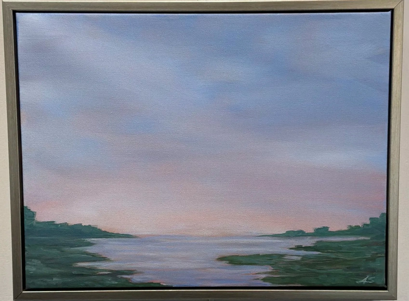 A landscape painting depicting a tranquil scene with a sky at dusk, calm water, and distant landforms, signed with initials 'A S' in the bottom right corner.