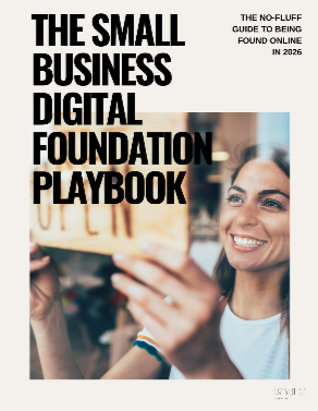 Cover of a guide titled 'The Small Business Digital Foundation Playbook' with a smiling woman taking a photo or selfie in the background.