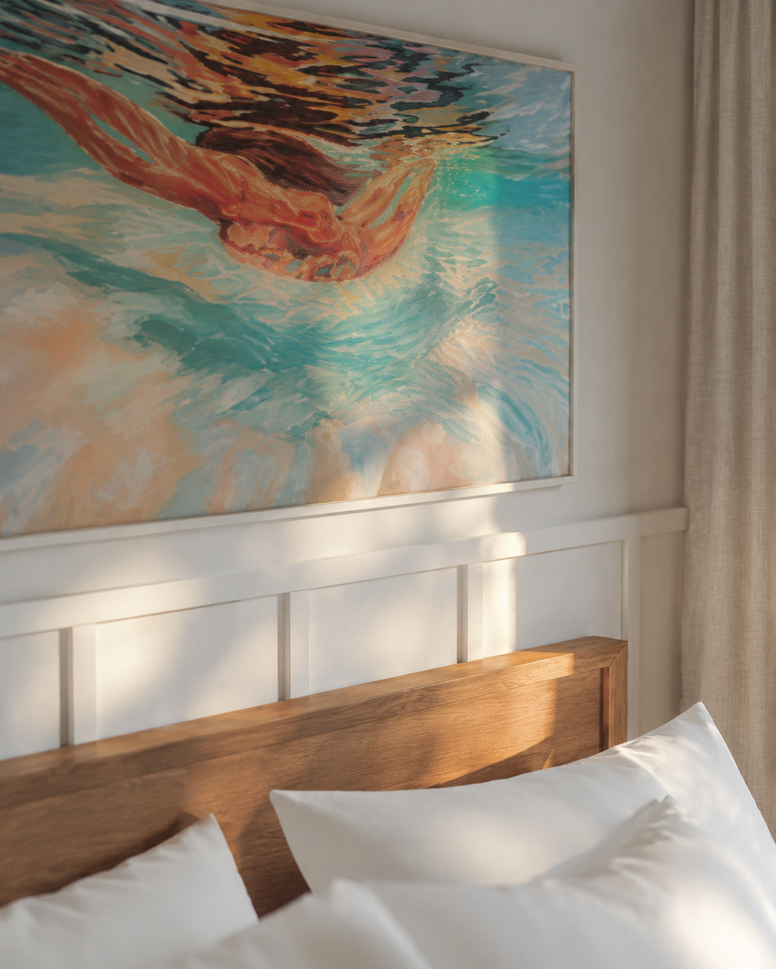 Wavehouse guest room with custom surf-inspired artwork