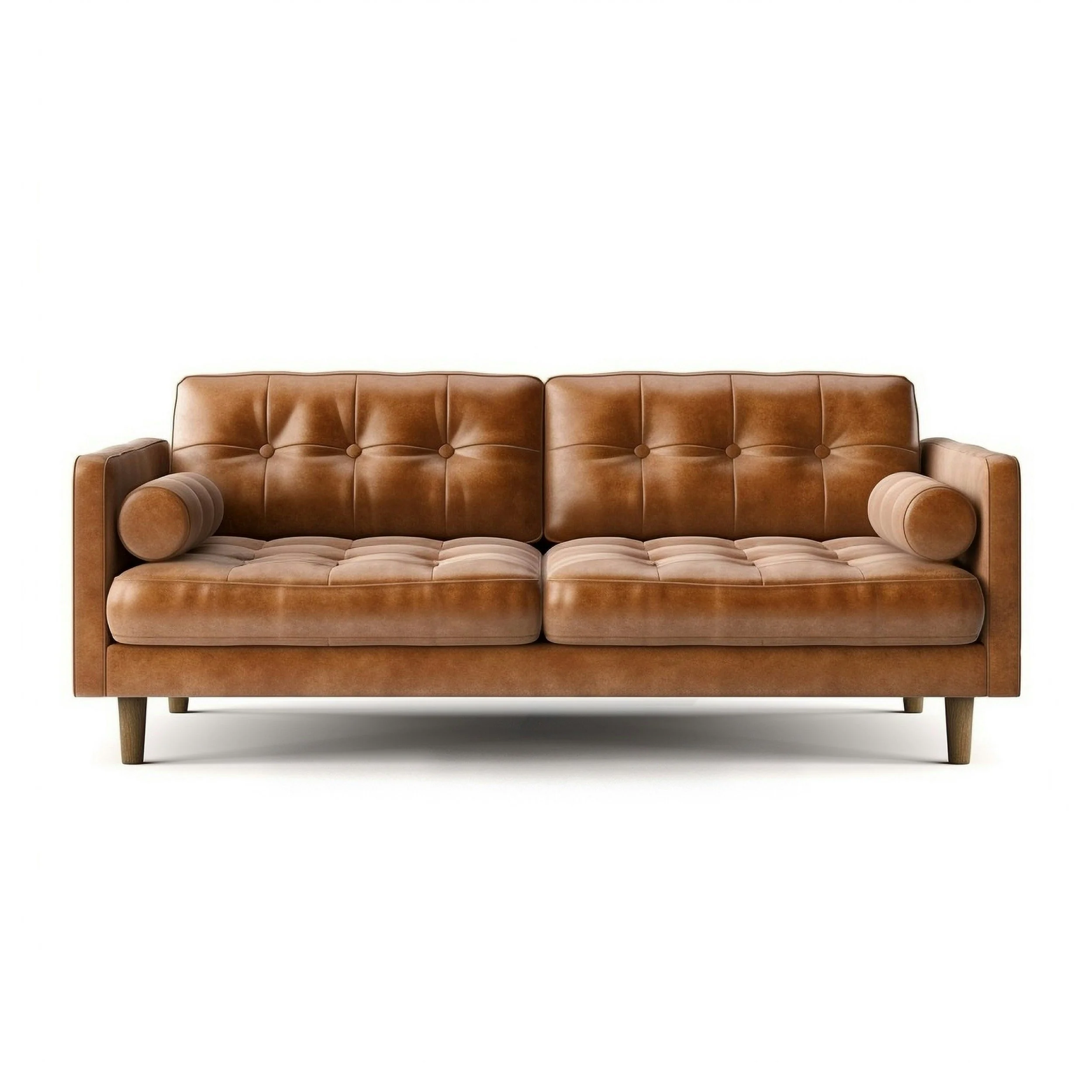 A brown leather sofa with a tufted backrest and rolled armrests set against a plain white background.