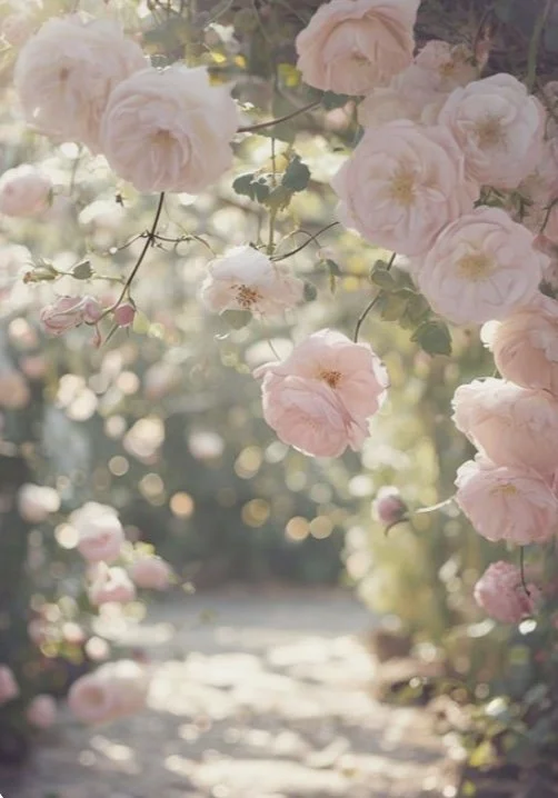 Soft pink roses blooming along a garden path with sunlight filtering through the flowers.