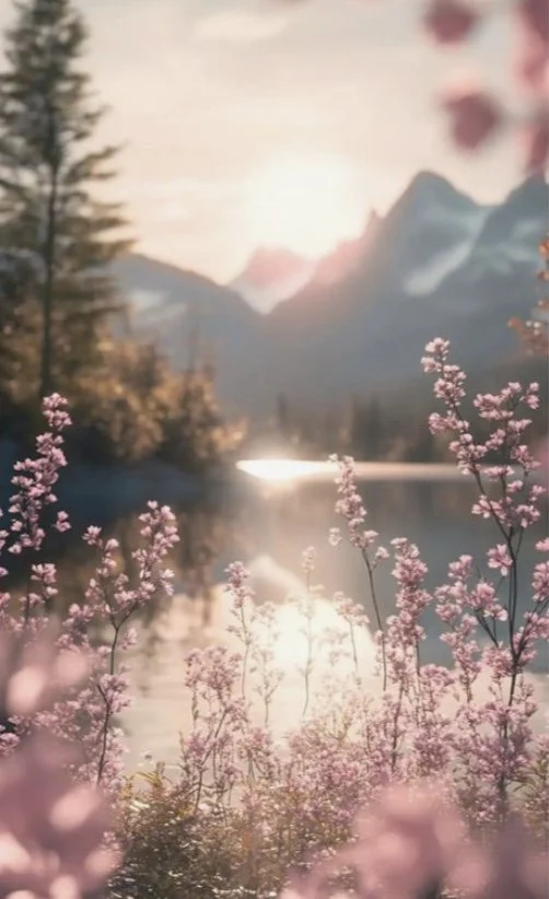 Pink wildflowers in foreground with mountains, trees, lake, and sunset in background.