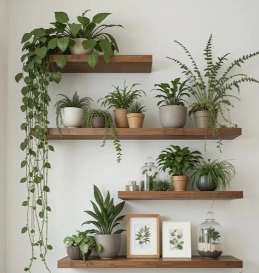 Wall with four wooden shelves holding various potted indoor plants and framed botanical prints.