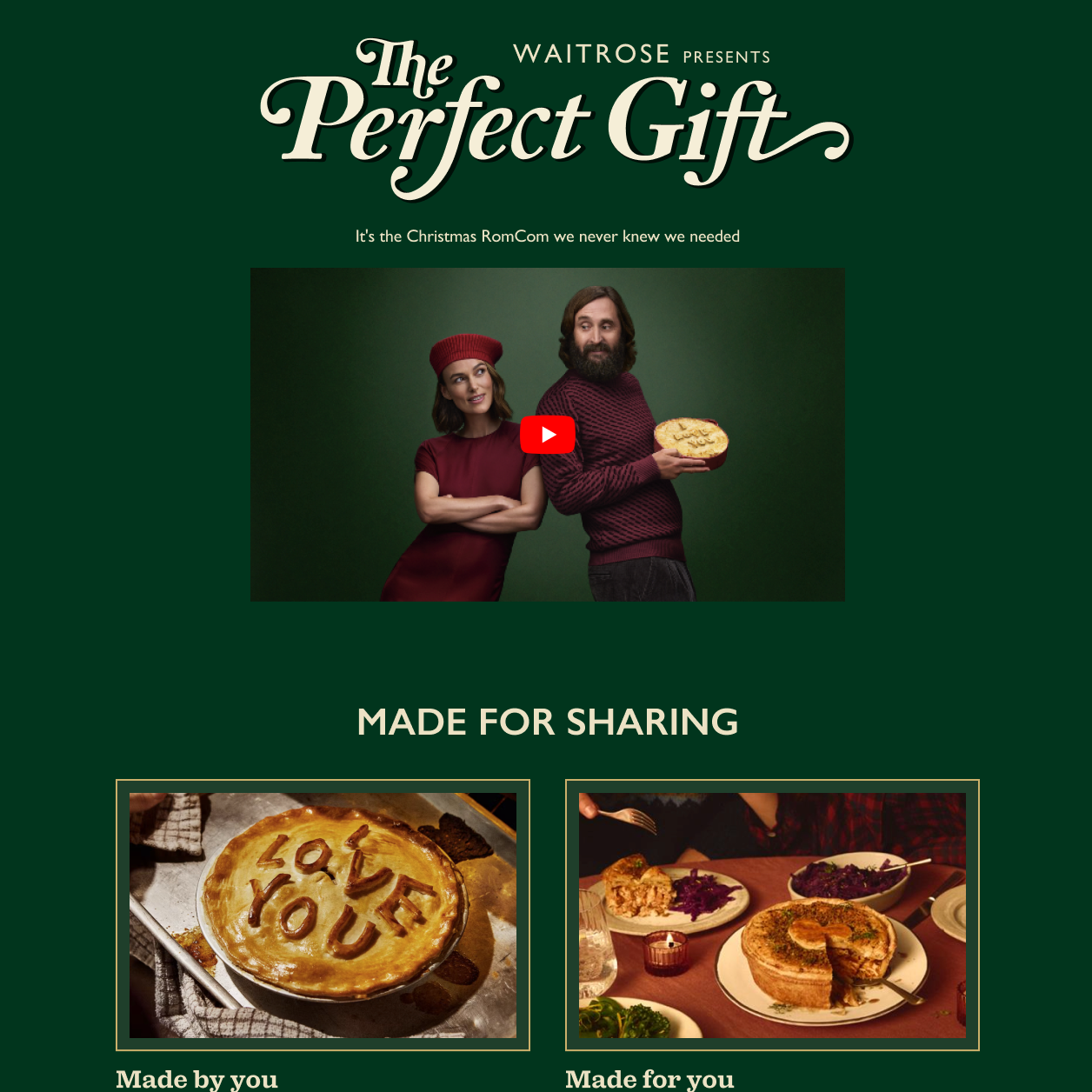 "The Perfect Gift" presented by Waitrose. The top features a green background with the show's title and a photo of a woman in a red dress and red hat, and a man with a beard holding a lattice pie. Below, there are two images of homemade food: one with a "Love You" message in pie crust, and the other a table with various dishes, including a pie and side dishes.