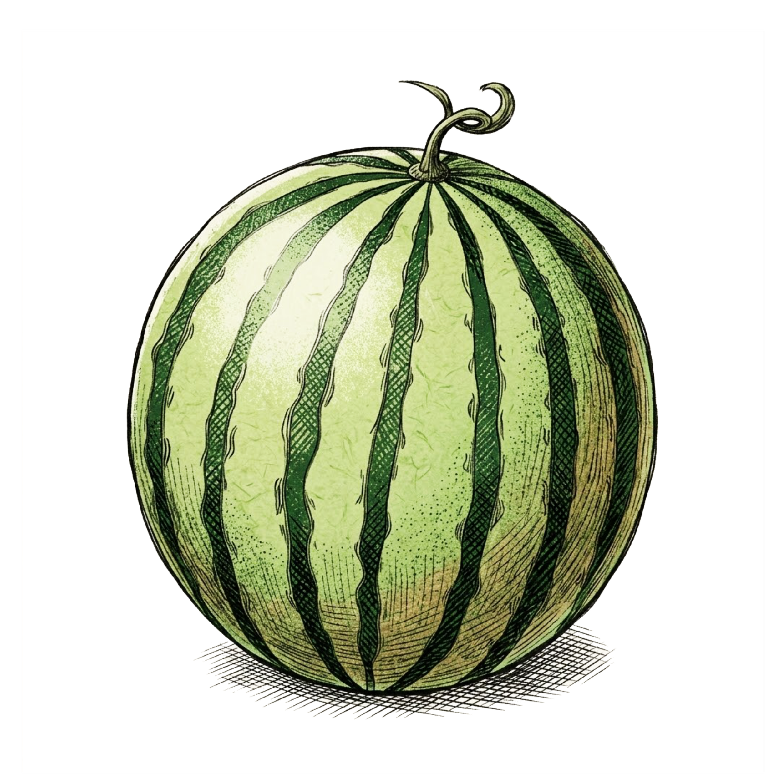 A hand-drawn illustration of a small, green-striped watermelon with a curly vine on top, casting a shadow beneath it on a black background.