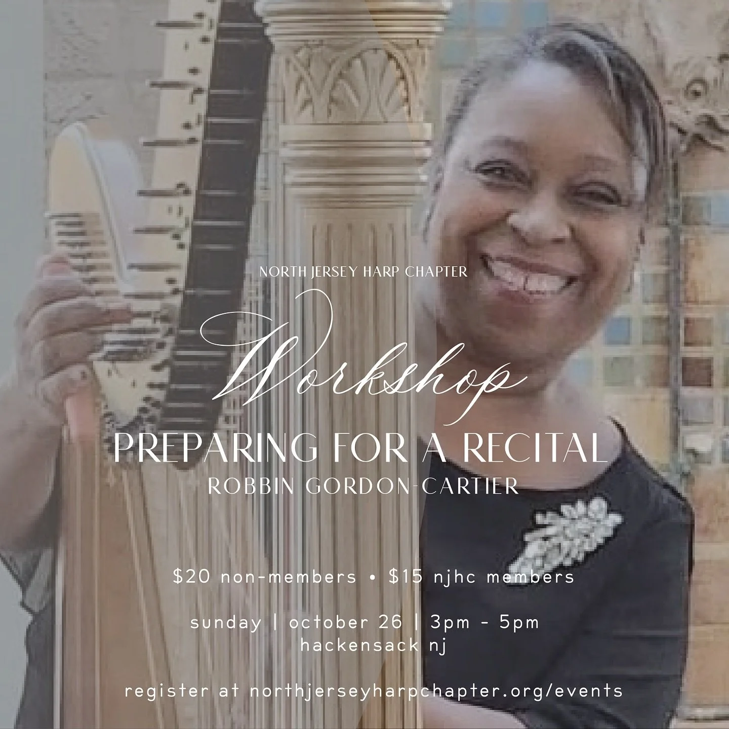 WORKSHOP &bull; Preparing for a Recital
presented by Robbin Gordon-Cartier

SUNDAY OCTOBER 26 
3p - 5p
Hackensack NJ

Ever experience anxiety? Brain fog? Sweaty palms? Join seasoned Educator and Salvi Artist Robbin Gordon-Cartier as she workshops and