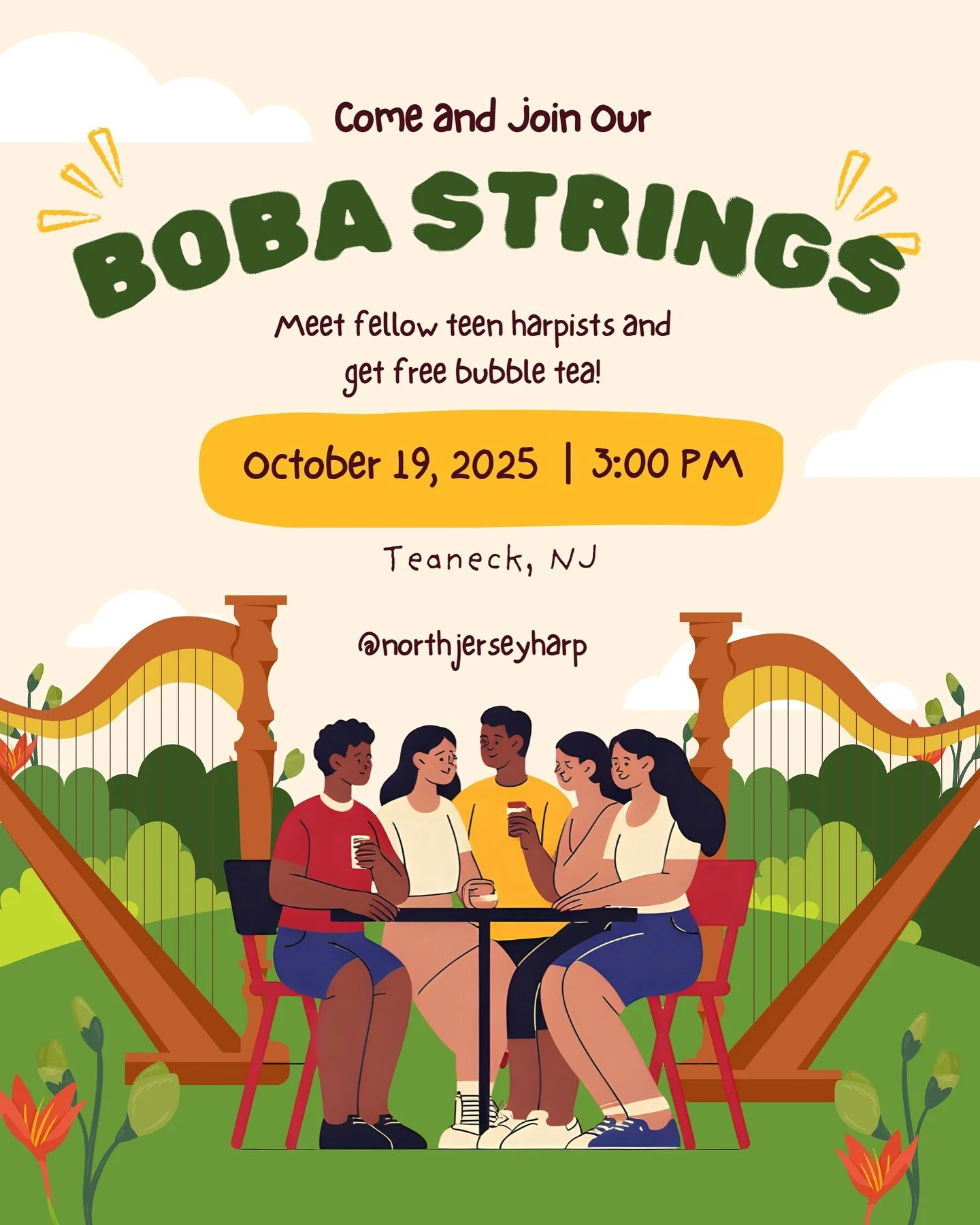 NJHC YOUTH BOBA STRINGS &bull; Harp Hang

SUNDAY OCTOBER 19 | 3pm

Calling all Harp Youth!! These new Harp Hangs will include jam sessions, listening parties, living room discussions on all things harp and pop-up harp ensemble sessions. Meet fellow T
