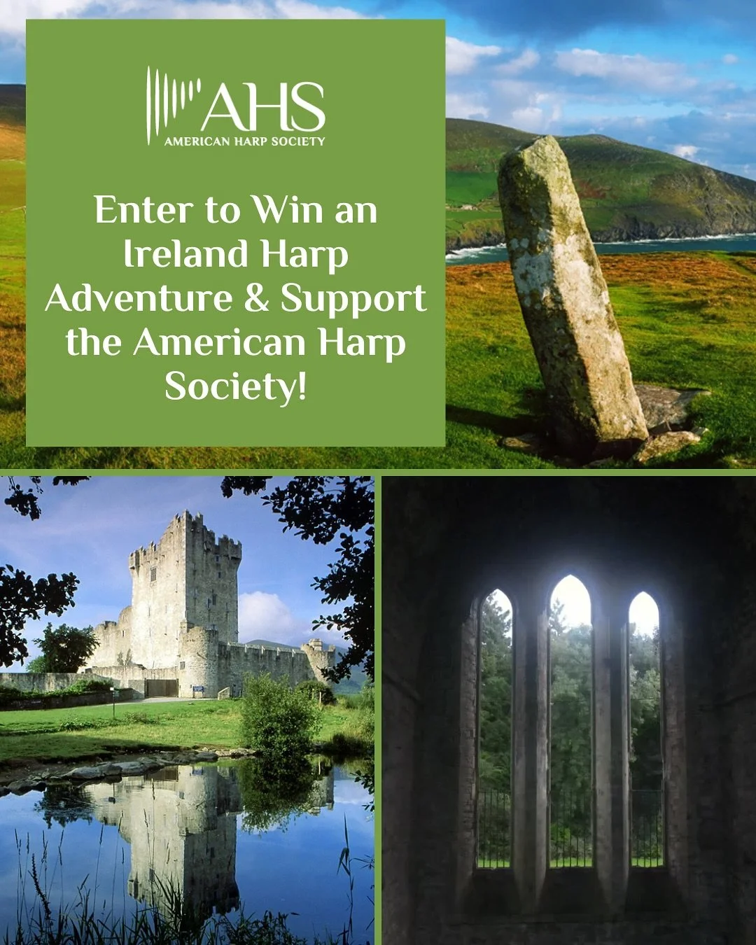 American Harp Society Fundraiser ⭐️ 

Enter to Win an Ireland Harp Adventure + support the @harpsociety, our national organization!

Have you ever wanted to have breakfast at a real Medieval castle? Tour the world-famous Irish Cliffs of Moher? Visit 