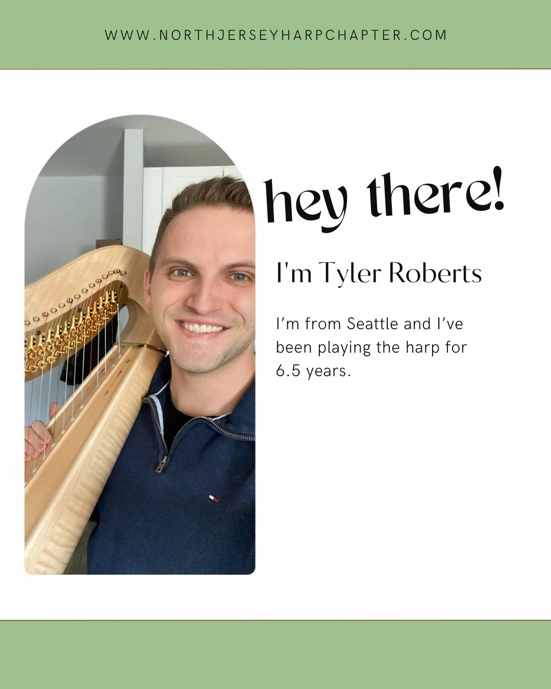 Meet Tyler! 

Tyler Roberts has been playing the harp for 6.5 years and he joined the North Jersey Chapter of the American Harp Society last year. 

Tyler just performed for the first time recently through one of our recitals and again last week at M