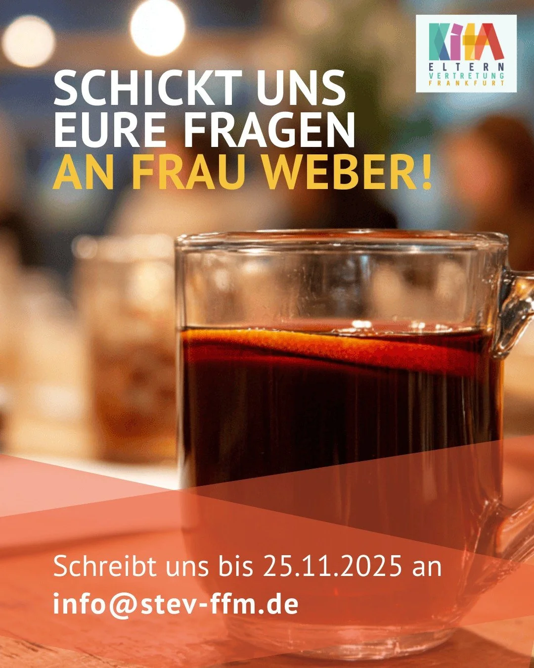 🎤 Eure Chance: Fragen an Bildungsdezernentin Sylvia Weber!

Liebe Eltern, diese Gelegenheit d&uuml;rft ihr nicht verpassen: Bei unserer Jahreshauptversammlung am 27.11.2025 um 19 Uhr ist Bildungsdezernentin Sylvia Weber zu Gast und steht uns f&uuml;