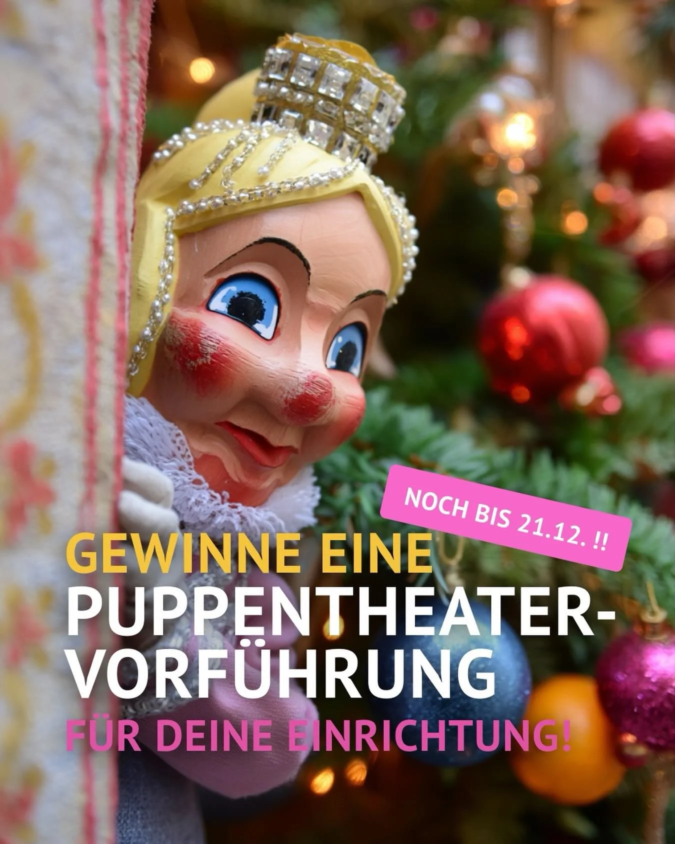 ⏳ ENDSPURT: Holt das Puppentheater in eure Kita! 🎭✨
Liebe Eltern, die Zeit l&auml;uft! Ihr habt nur noch bis zum 21. Dezember Zeit, an unserem gro&szlig;en Gewinnspiel teilzunehmen und ein Highlight f&uuml;r eure Kids zu sichern.
Wir verlosen eine p
