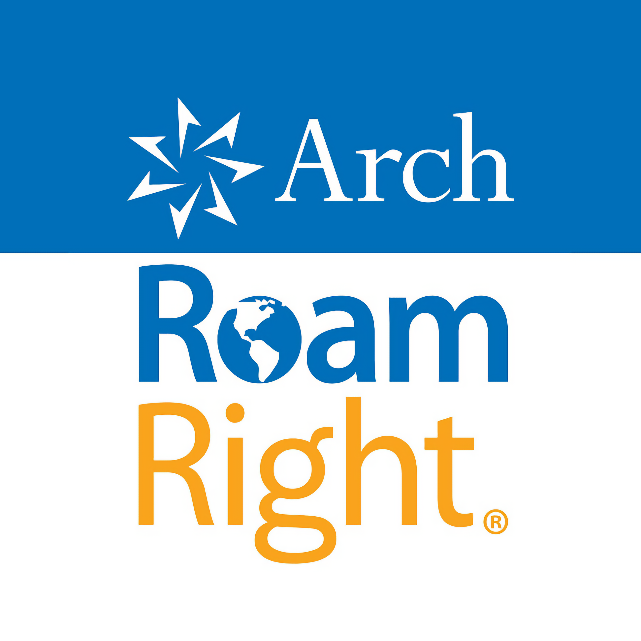 Logo of Arch Roam Right with a blue background, a star-like symbol, and text with a globe replacing the letter 'O' in 'Roam'