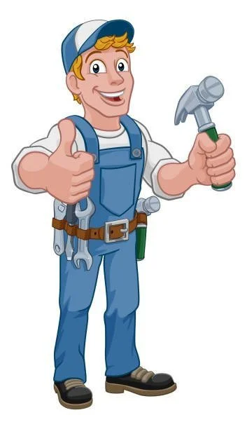 Cartoon of a smiling man dressed as a handyman, holding a hammer in one hand and giving a thumbs-up with the other, wearing blue overalls, a tool belt, and a cap.