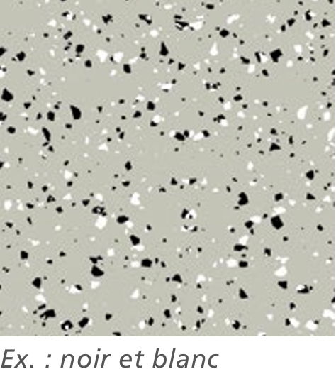 Surface gris avec des morceaux noirs et blancs dispersés, semblable à un motif de terrazzo ou de revêtement de sol.