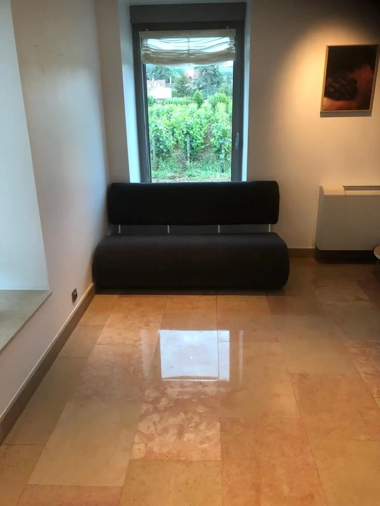 Une pièce avec un canapé noir contre la fenêtre, vue sur un jardin avec des arbres. Mur blanc avec une peinture sombre, sol en résine d'étanchéité liquide sur carrelage beige brillant.