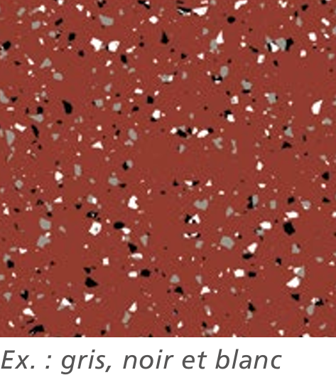 Surface en terrazzo rouge avec des fragments de pierre noire, blanche et grise.