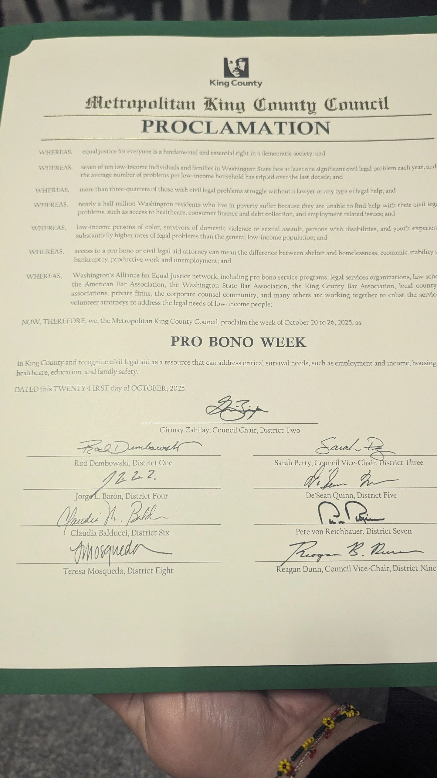 Thank you to the King County Council, and all our colleagues in the civil legal aid community, and especially for the private bar and the wonderful contributions you make through pro bono work to support our neighbors! Happy Pro Bono Week!