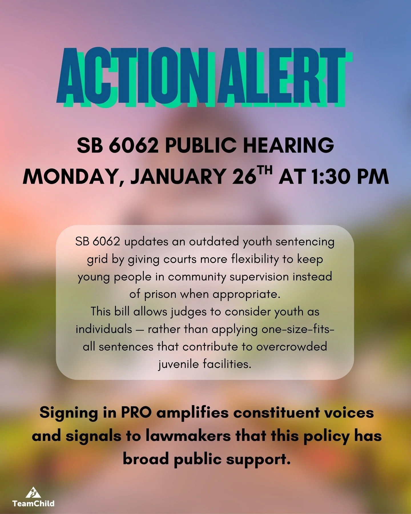 Quick action needed! A key bill to modernize youth sentencing, SB 6062, has a public hearing on Monday, January 26, at 1:30 PM. We need your support! Sign in PRO by visiting the link in our bio.
