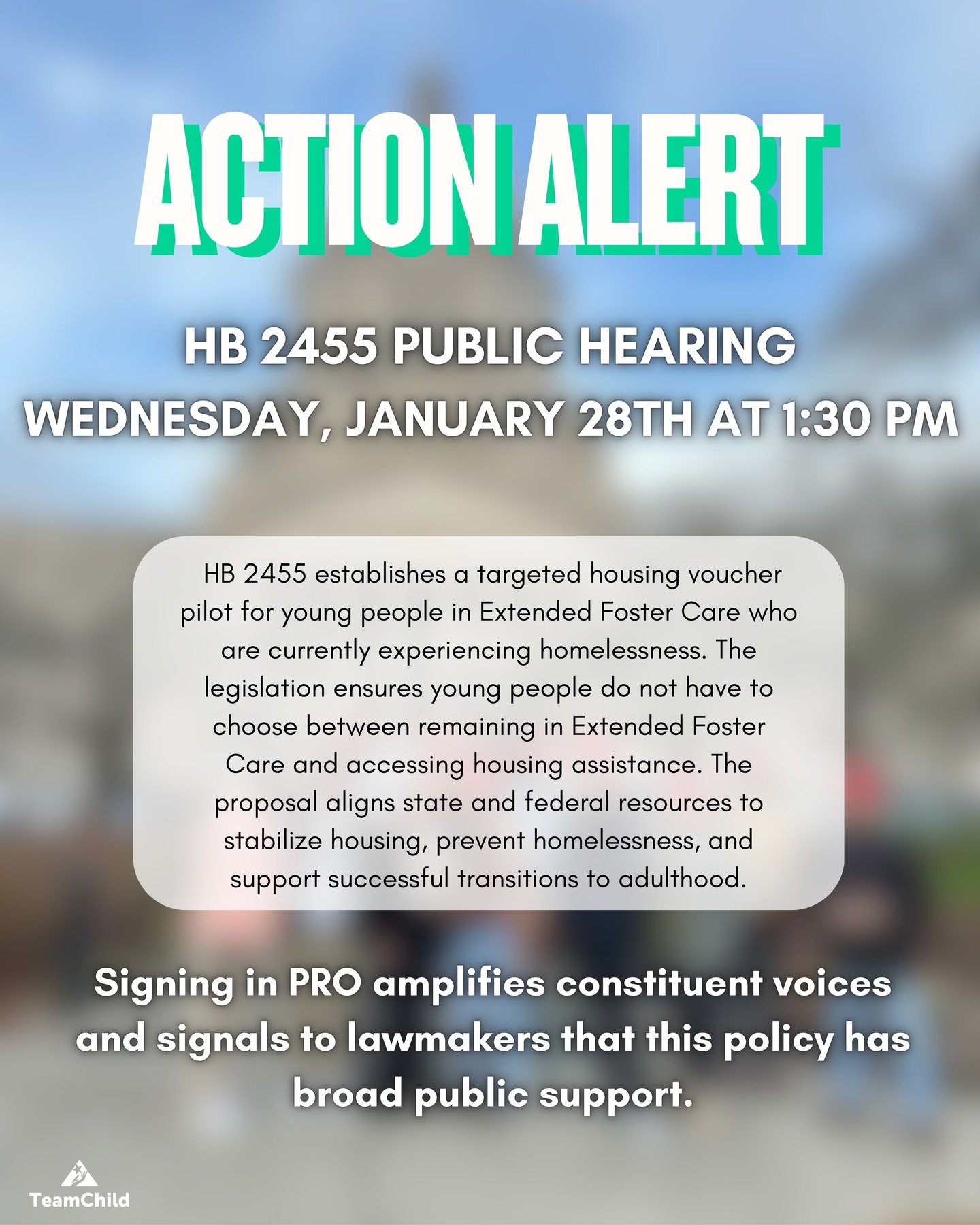 TeamChild Youth Action Coalition Members will be testifying tomorrow in Olympia in support of HB 2455. Visit the link in our bio to support this legislation by signing in as PRO!
