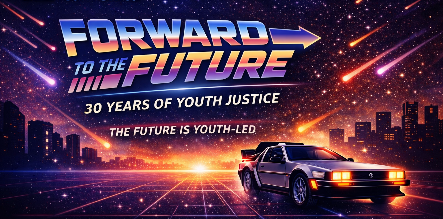 Futuristic image, using a back to the future theme and delorean car, but instead of looking back to the 1990's, we are looking forward to the work ahead in youth justice