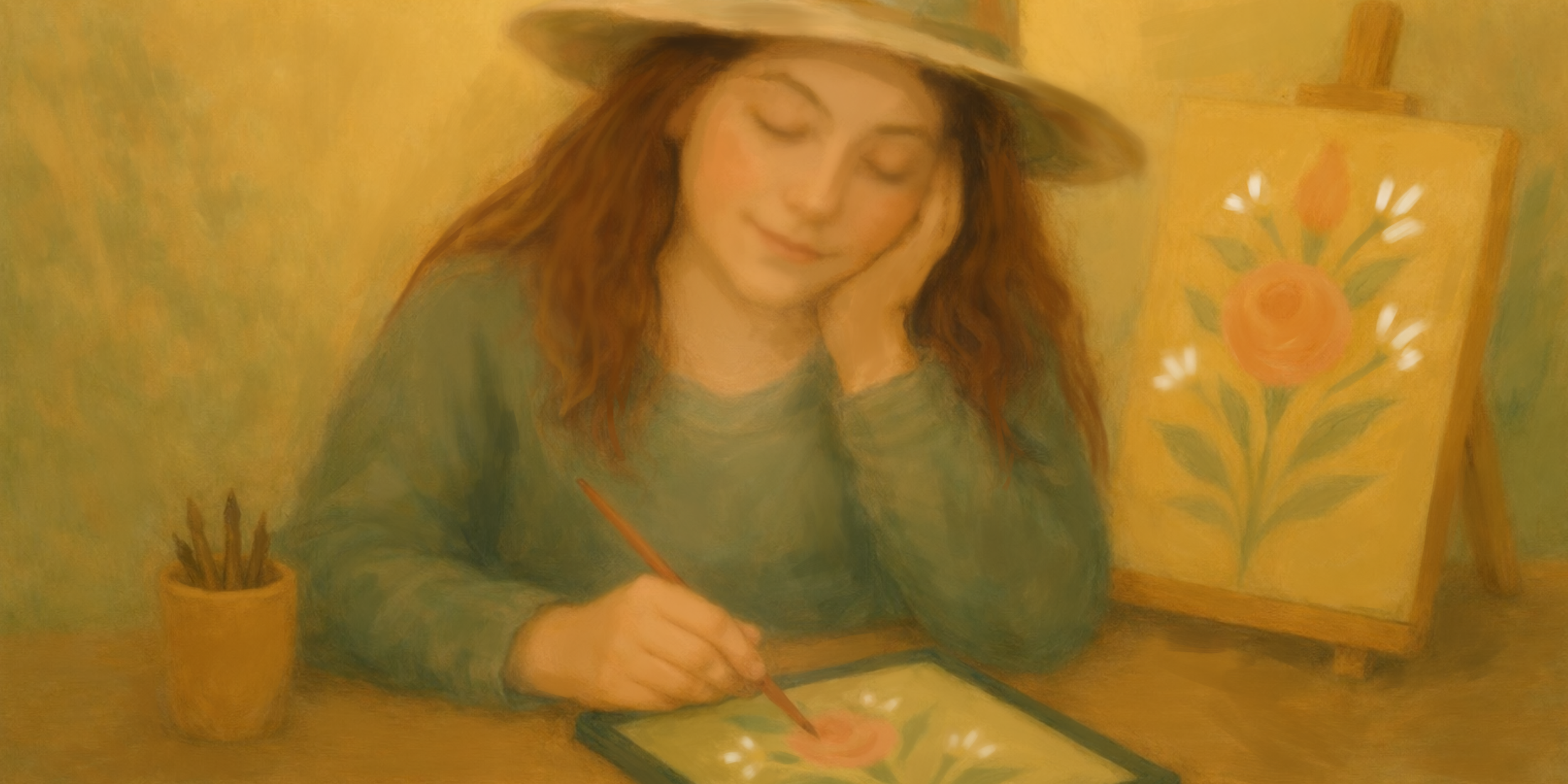 Painterly illustration of a woman wearing a wide-brimmed hat, seated at a table and painting a rose on a tablet, with a floral painting on an easel beside her, rendered in warm, soft tones.