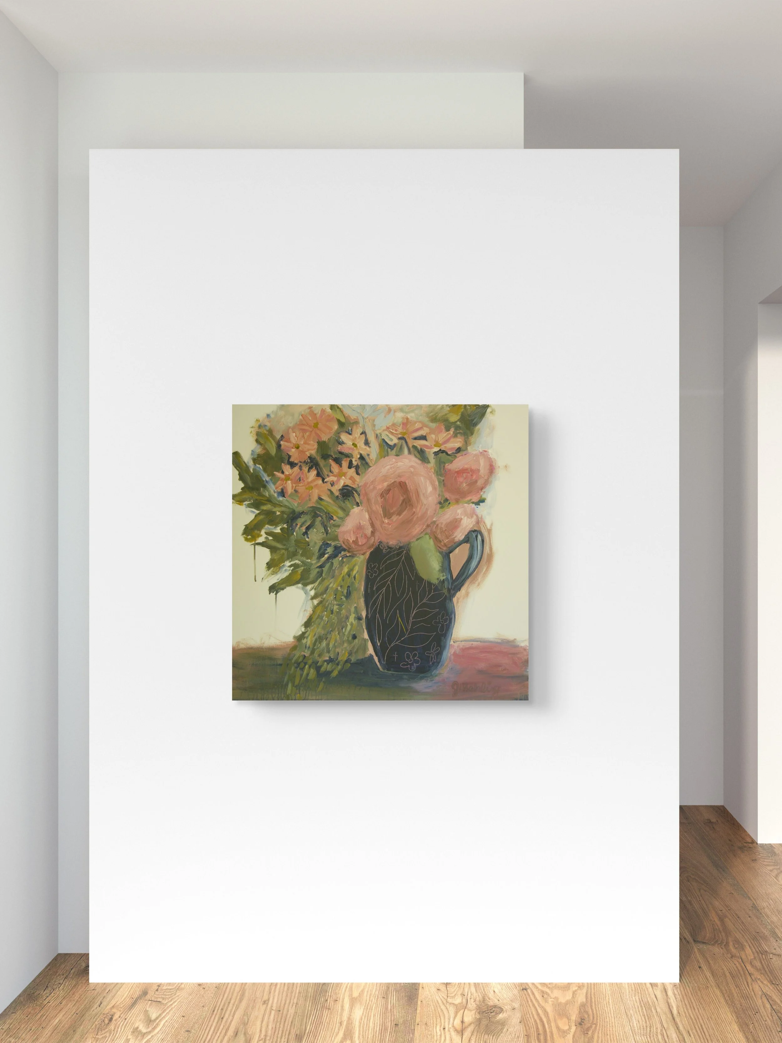My Glory Transforms You, an original 30 × 30 acrylic floral painting by Jennifer Mehling featuring expressive pink flowers gathered in a deep blue-black botanical vessel.