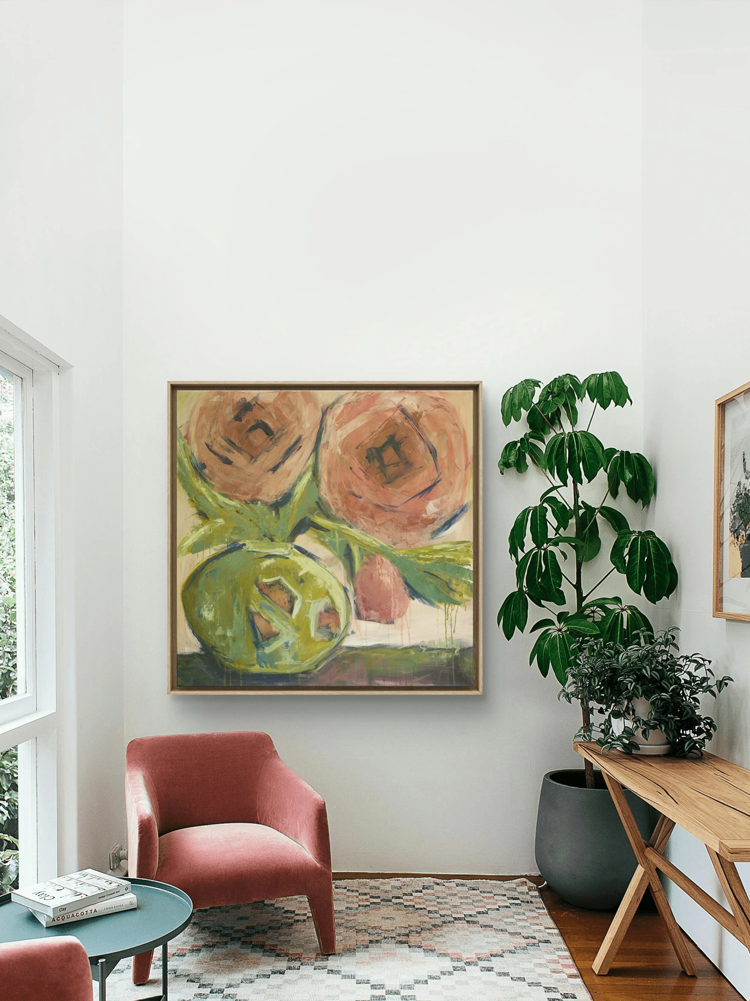 Come As You Are original 30 × 30 acrylic floral painting by Jennifer Mehling featuring oversized pink flowers in an expressive olive-green vessel.