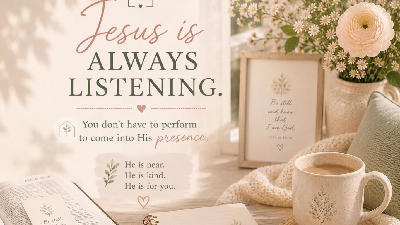 Cozy Christian devotional scene with warm neutral tones, coffee, blankets, soft lighting, and encouraging typography about Jesus always listening.