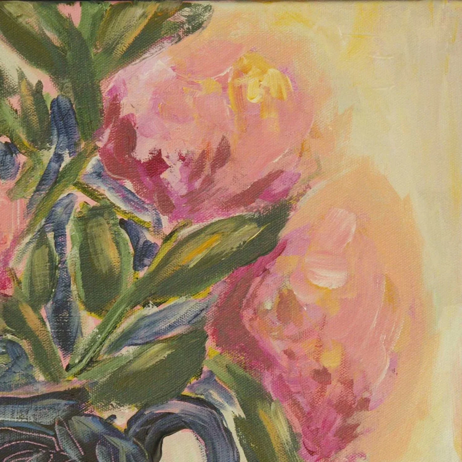 Detail of Beauty Carried by Jennifer Mehling showing loose pink florals and expressive acrylic brushwork.