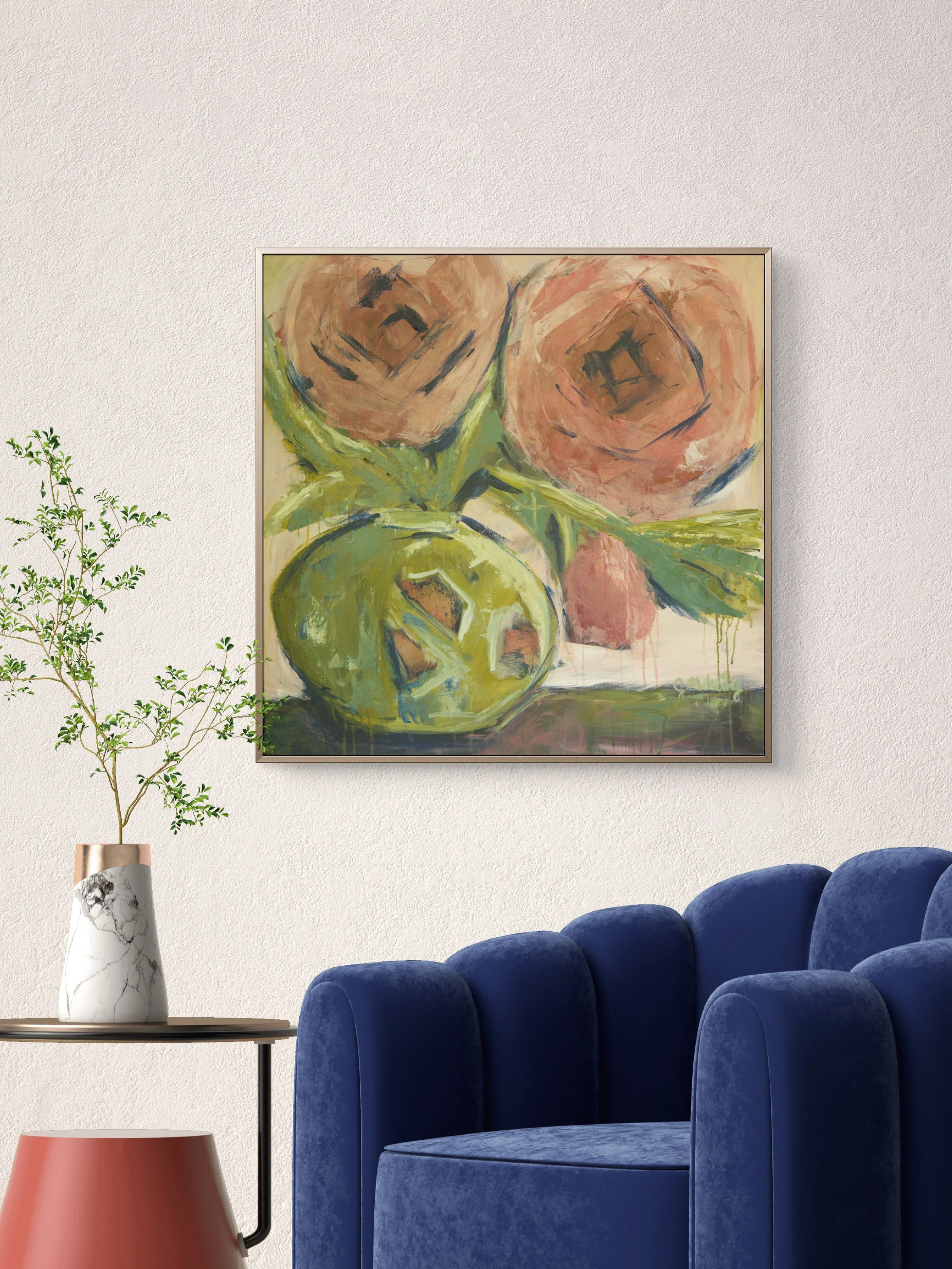 Come As You Are original 30 × 30 acrylic floral painting by Jennifer Mehling featuring oversized pink flowers in an expressive olive-green vessel.