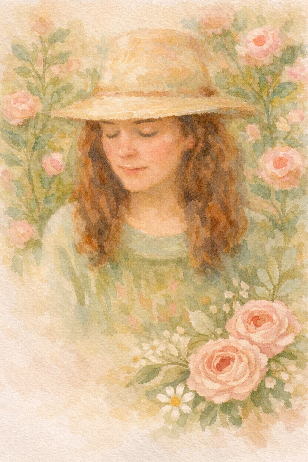Watercolor-style Christian devotional artwork of a peaceful woman surrounded by soft roses and greenery, symbolizing rest, prayer, and God’s presence in the home.