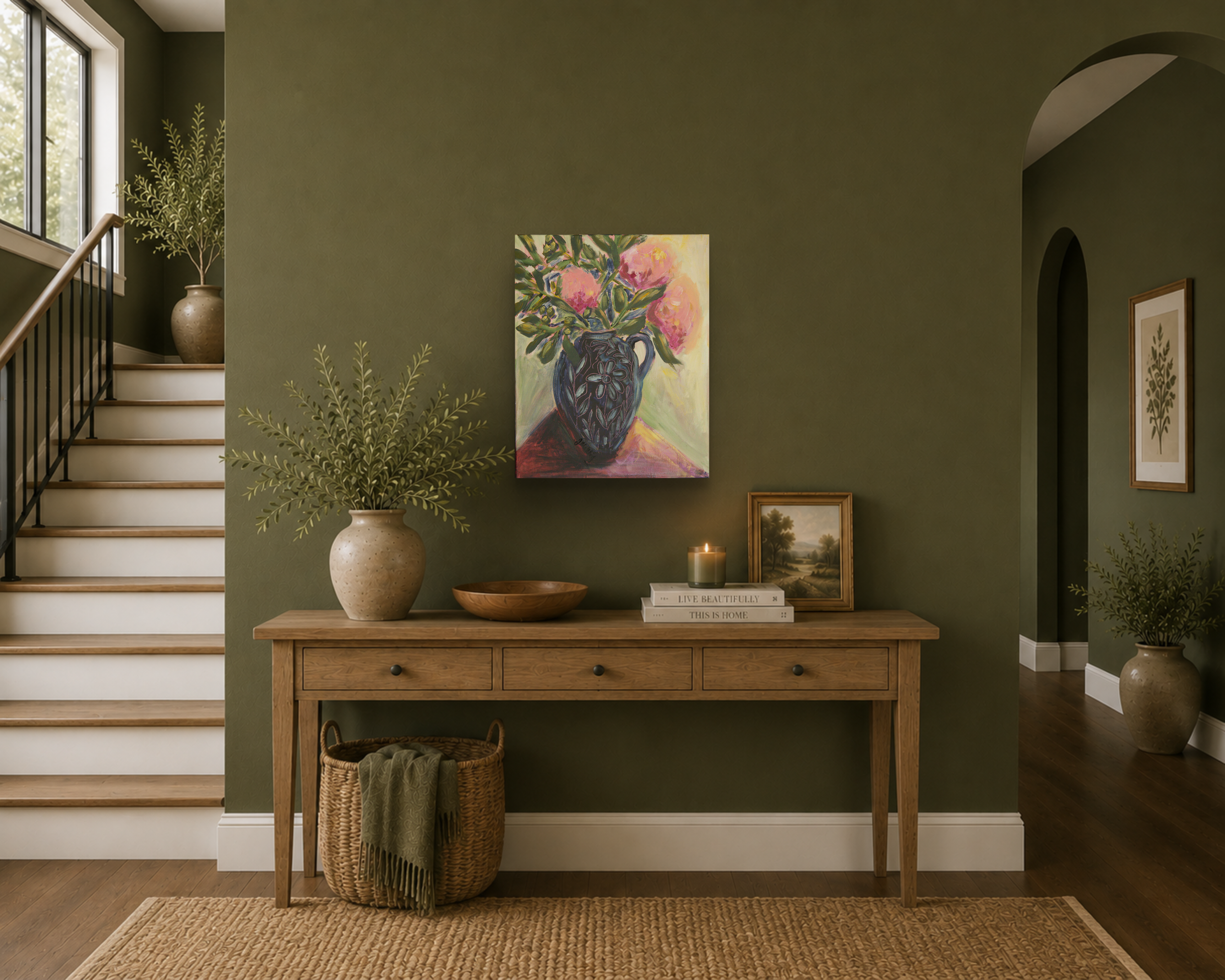Beauty Carried original acrylic floral painting by Jennifer Mehling styled above a console table with complementary home decor.