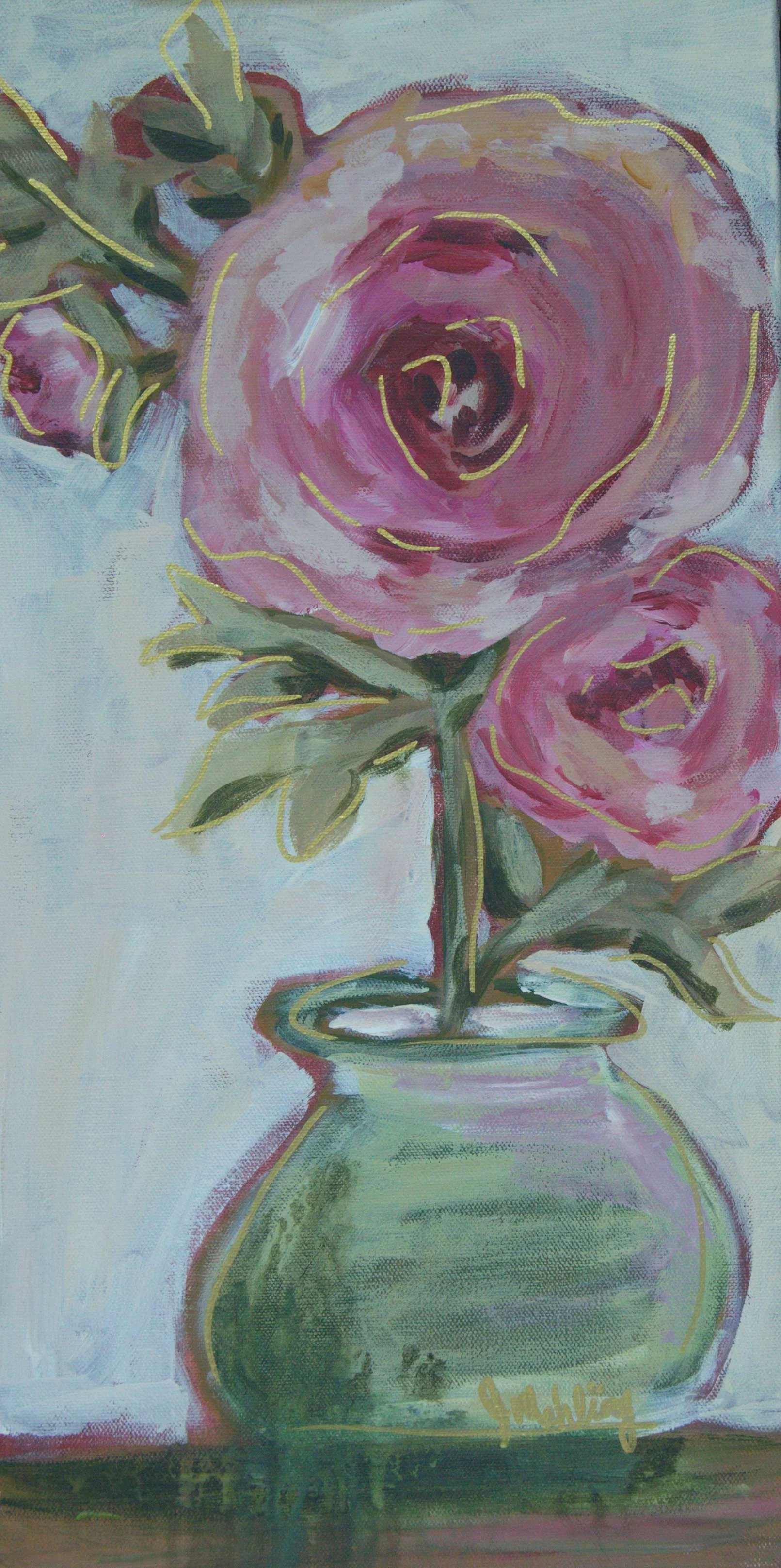 Kept by Love, an original 10 × 20 acrylic floral painting by Jennifer Mehling featuring large pink blooms in a green vessel with gold details.