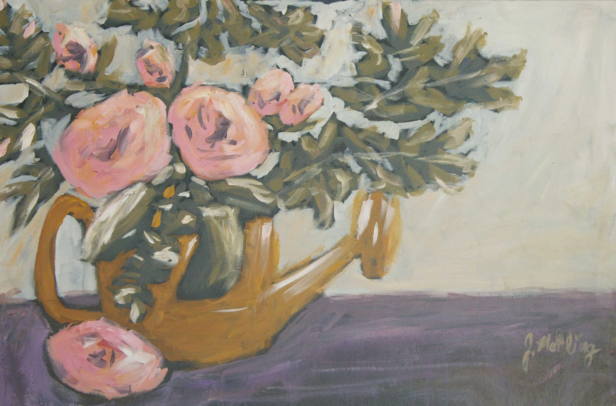 Guided by Hope original 36 × 24 acrylic painting by Jennifer Mehling featuring blush pink flowers in a gold watering can on a purple surface against a light blue background.