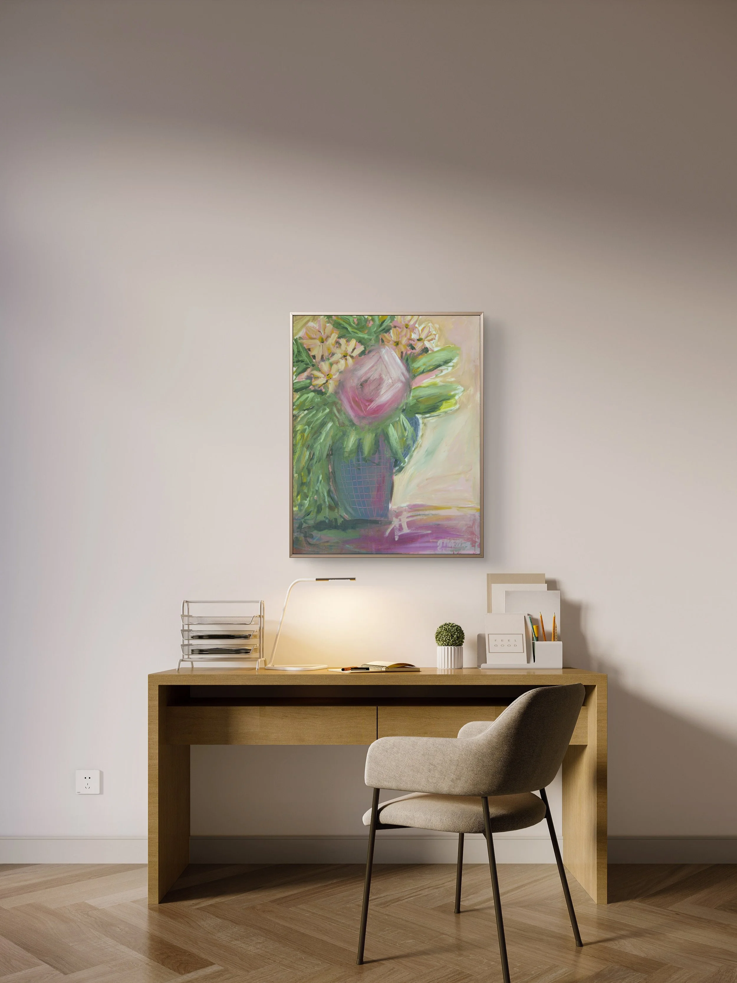 Let Me Move Your Heart original 22 × 28 acrylic floral painting with expressive pink flowers and a decorative vessel by Jennifer Mehling