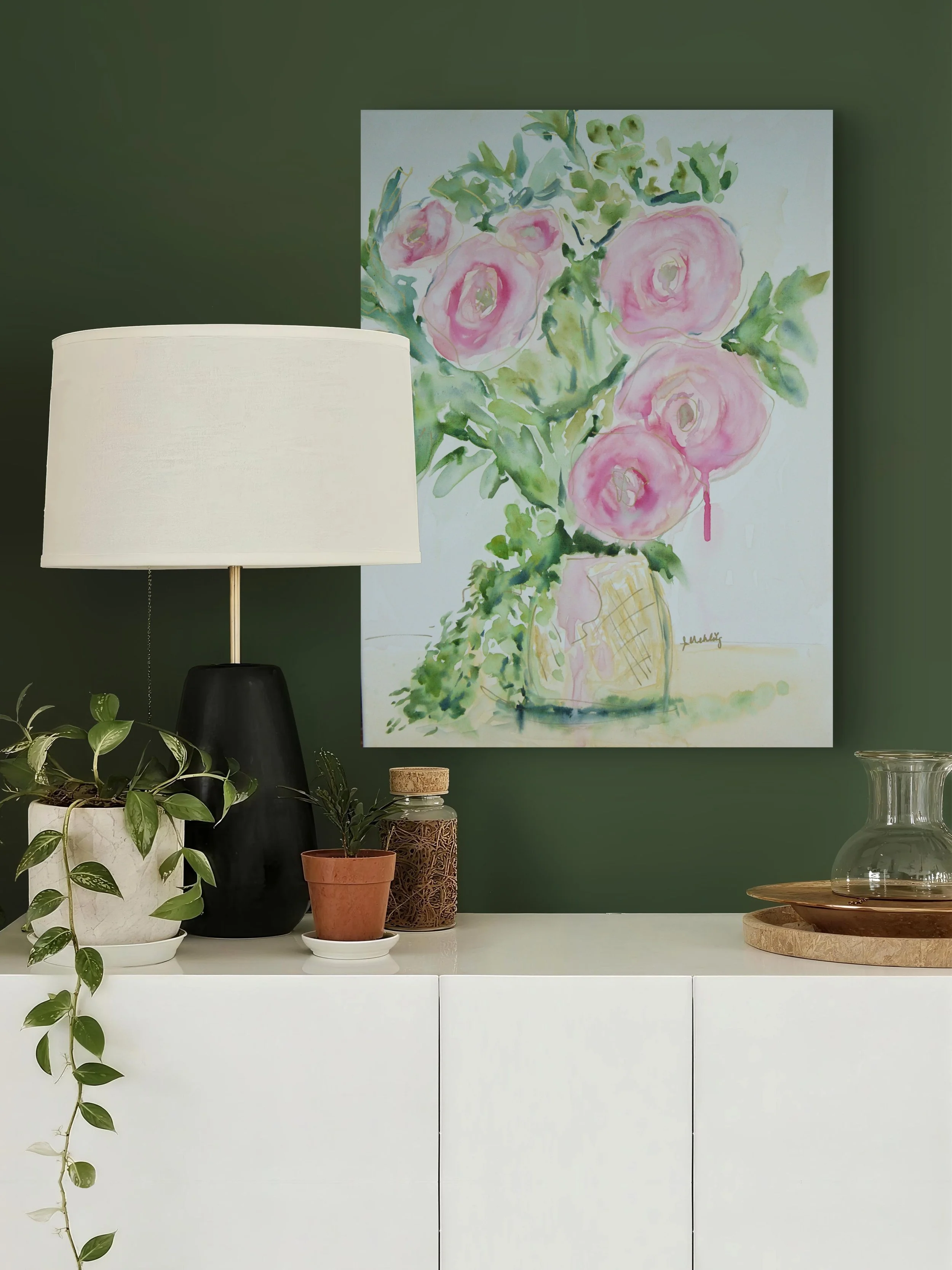 Slow Down and Smell the Roses original floral painting by Jennifer Mehling displayed in a home interior.