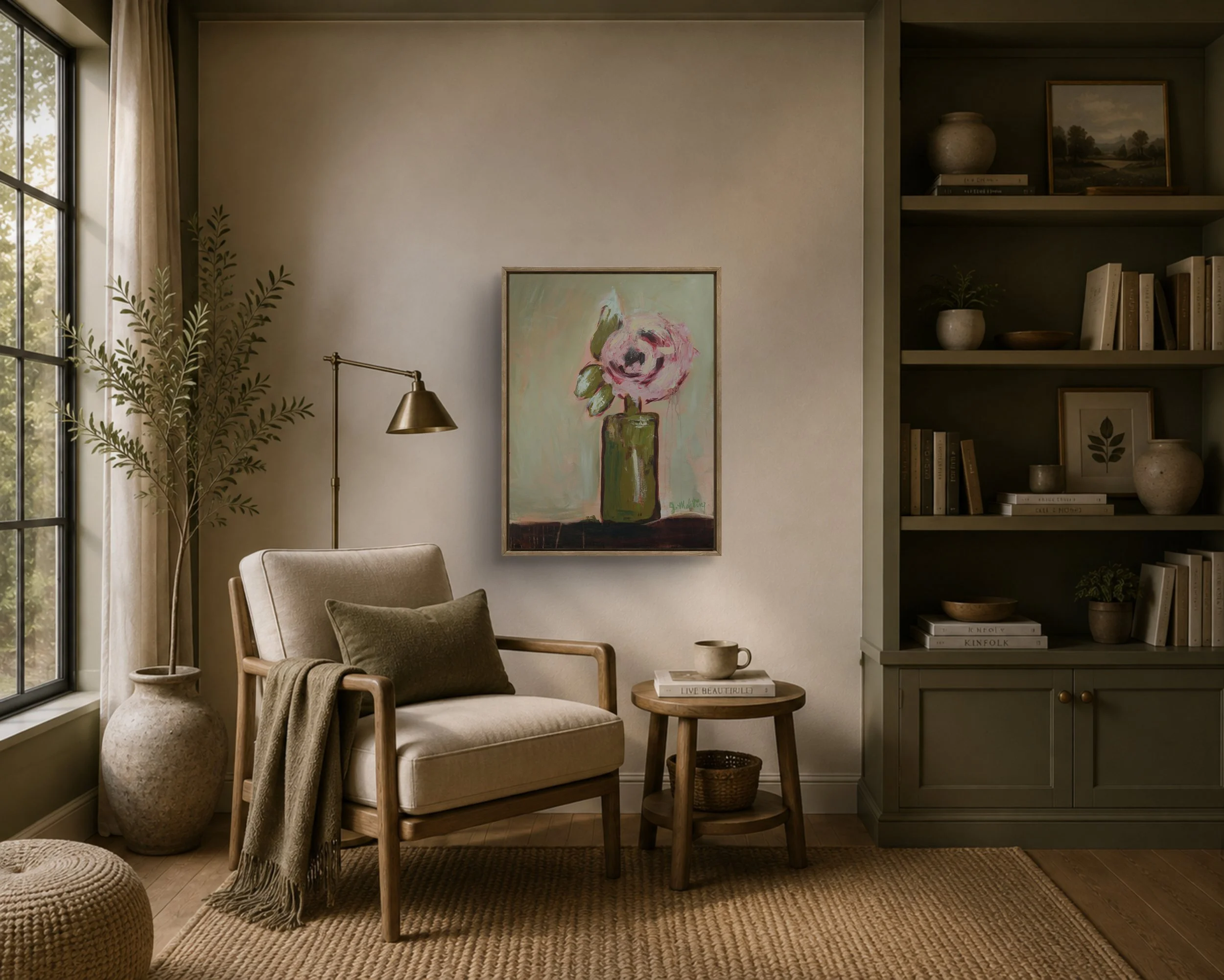 Beauty Takes Time original floral painting by Jennifer Mehling displayed in a home interior.