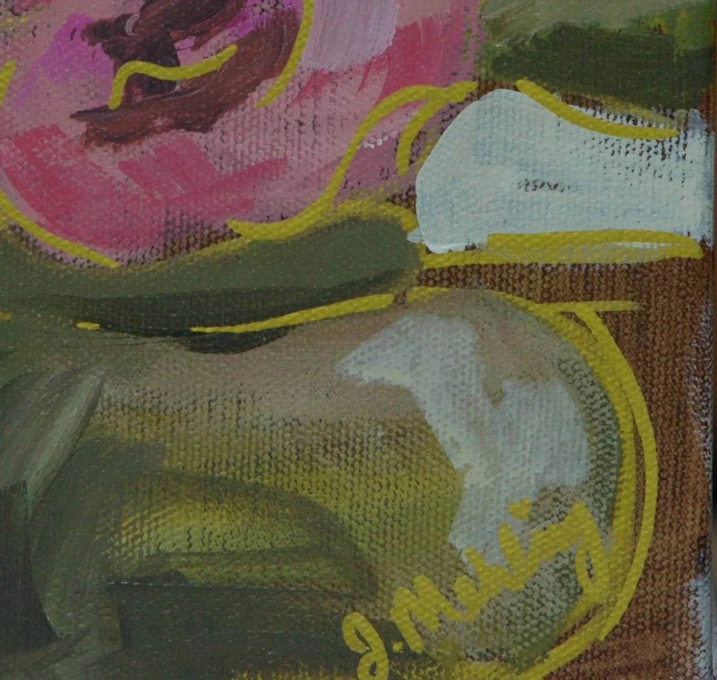 Detail of the green vessel and expressive brushwork in First Blooms Beginning, an original acrylic painting by Jennifer Mehling.