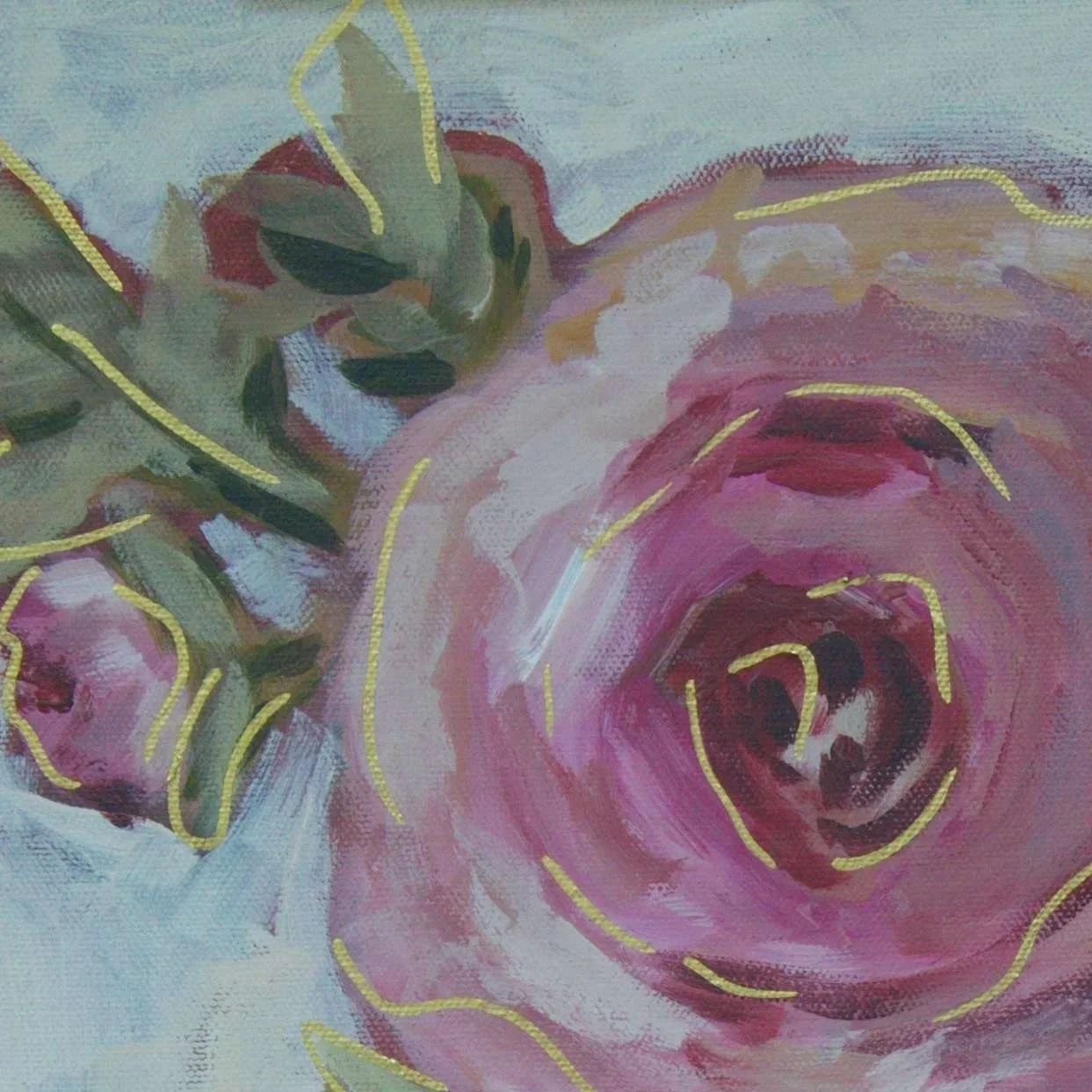 Close-up of expressive pink floral brushwork and gold details in Kept by Love by Jennifer Mehling.