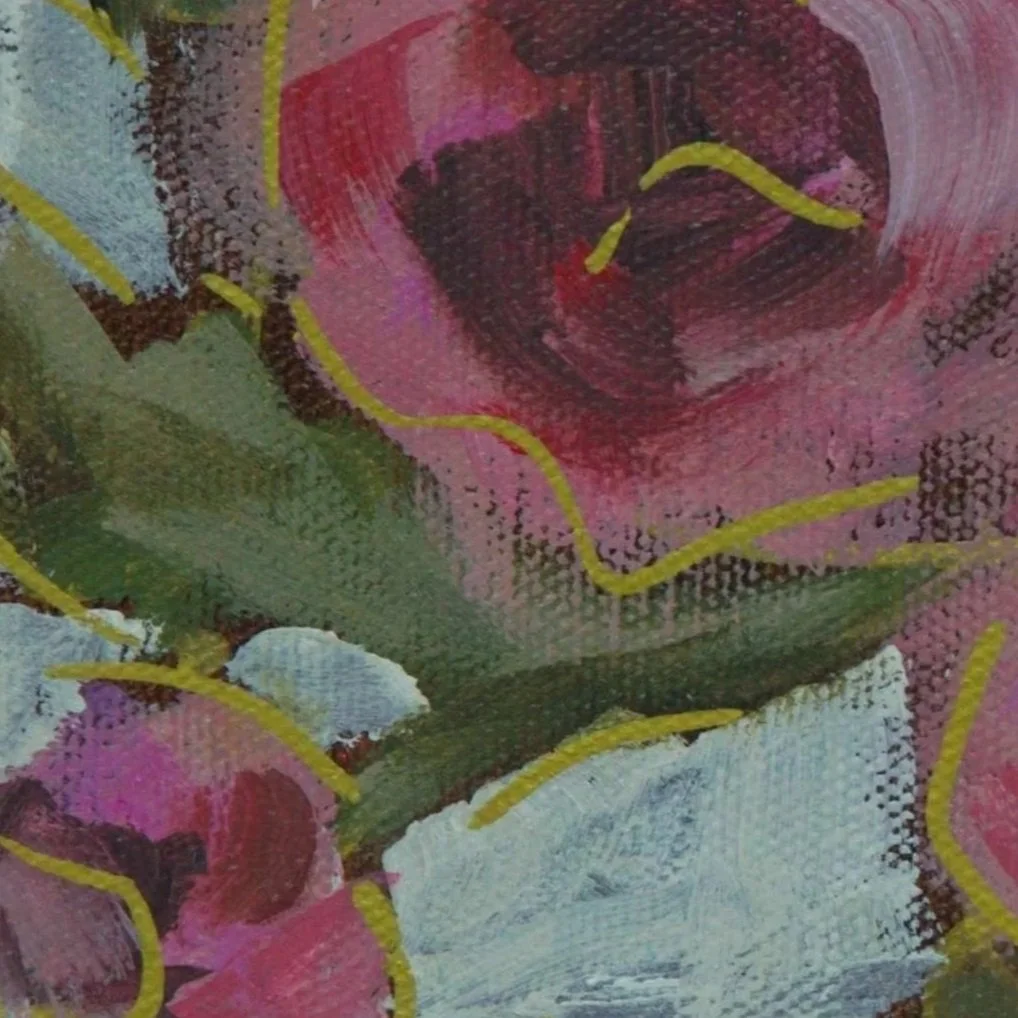 Close-up of expressive pink flowers and gold linework in First Blooms Beginning by Jennifer Mehling.