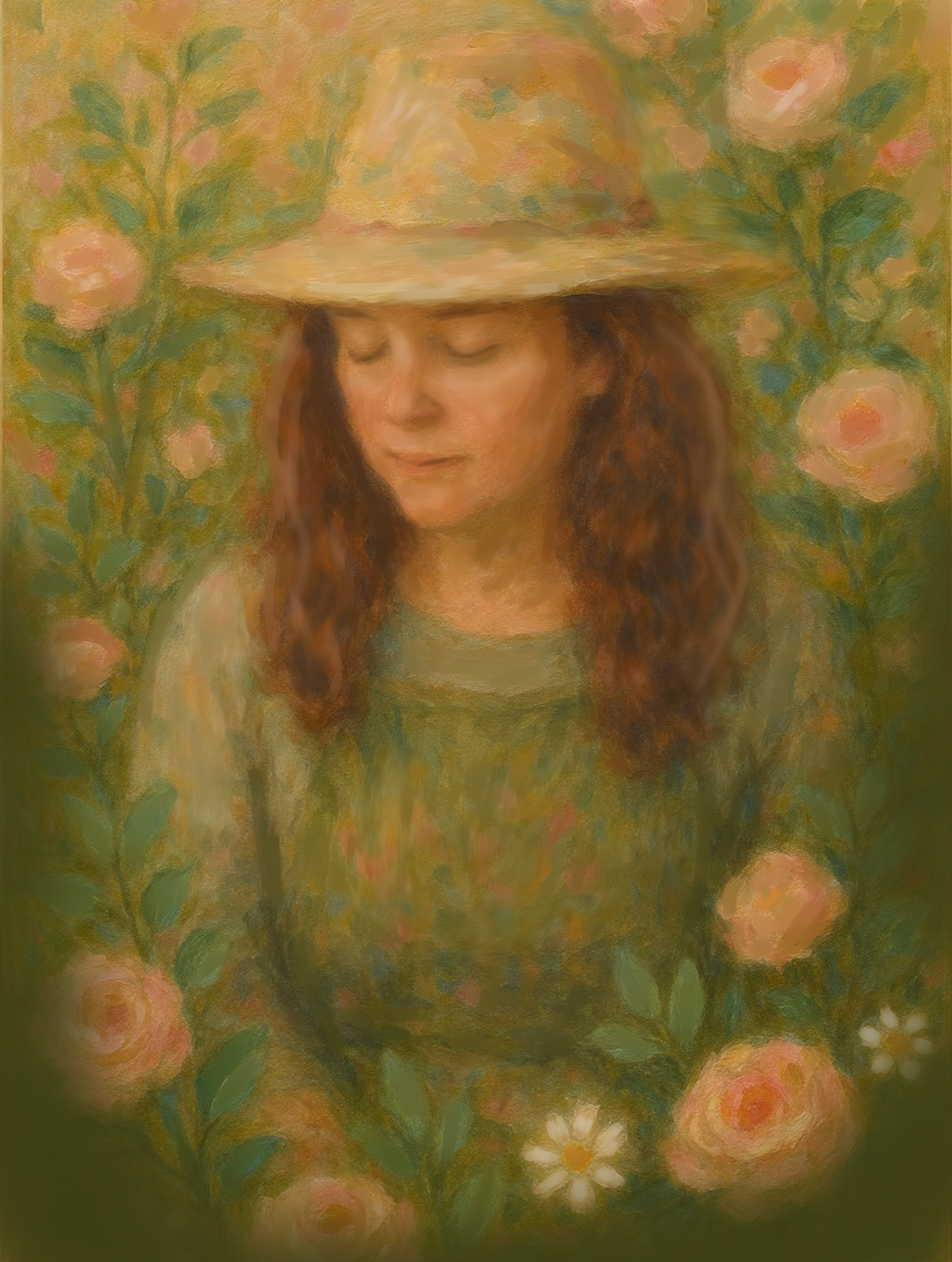 Painterly devotional artwork of a woman in a wide-brimmed hat surrounded by soft pink roses and green foliage, rendered in warm, muted tones, representing Christian faith, gentle presence, and spiritual stillness.