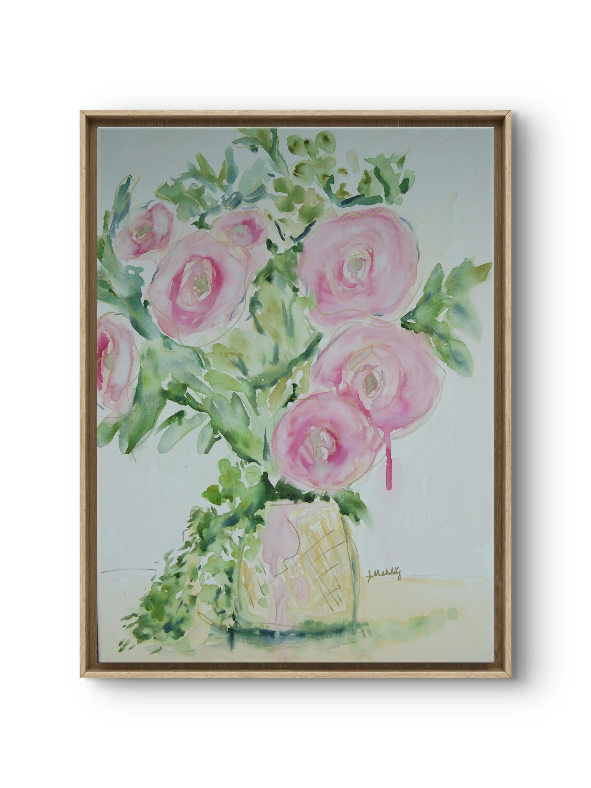 Slow Down and Smell the Roses, an original 18 × 24 mixed media floral painting by Jennifer Mehling featuring loose pink roses and green foliage in a softly rendered vessel.
