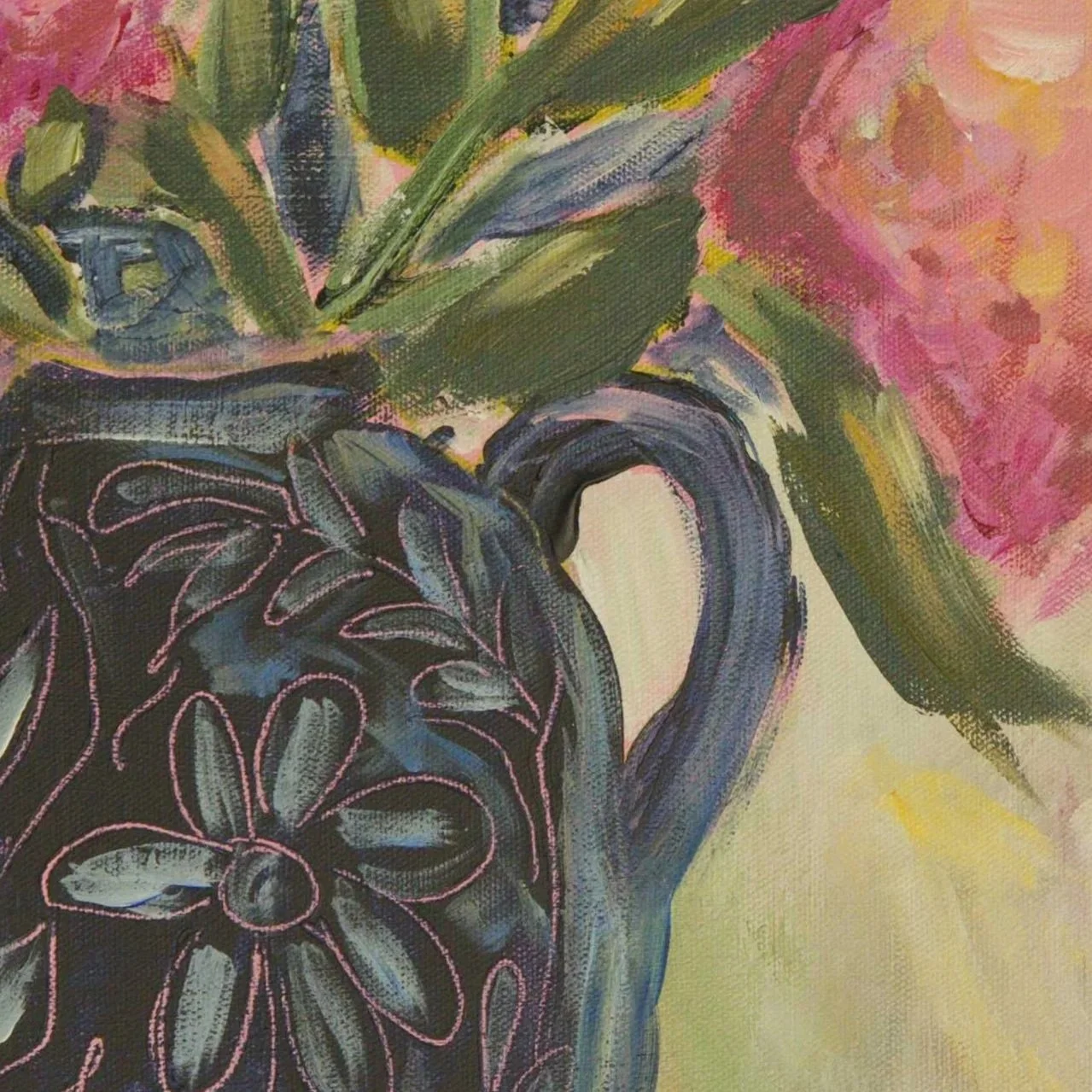 Detail of Beauty Carried by Jennifer Mehling showing loose pink florals and expressive acrylic brushwork.
