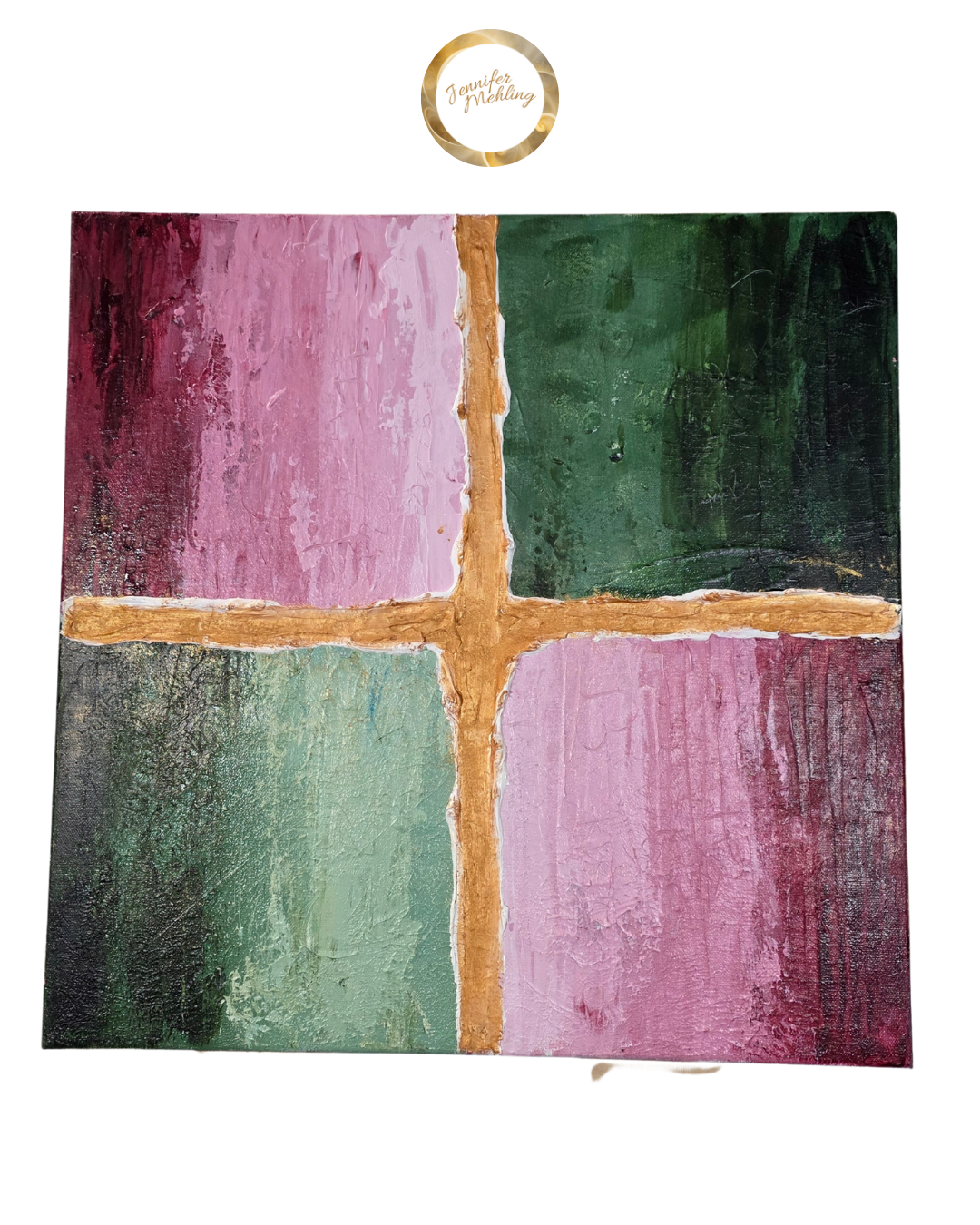 "Seasons - Large square prophetic mixed media painting with pink, green, and gold textures by Jennifer Mehling"