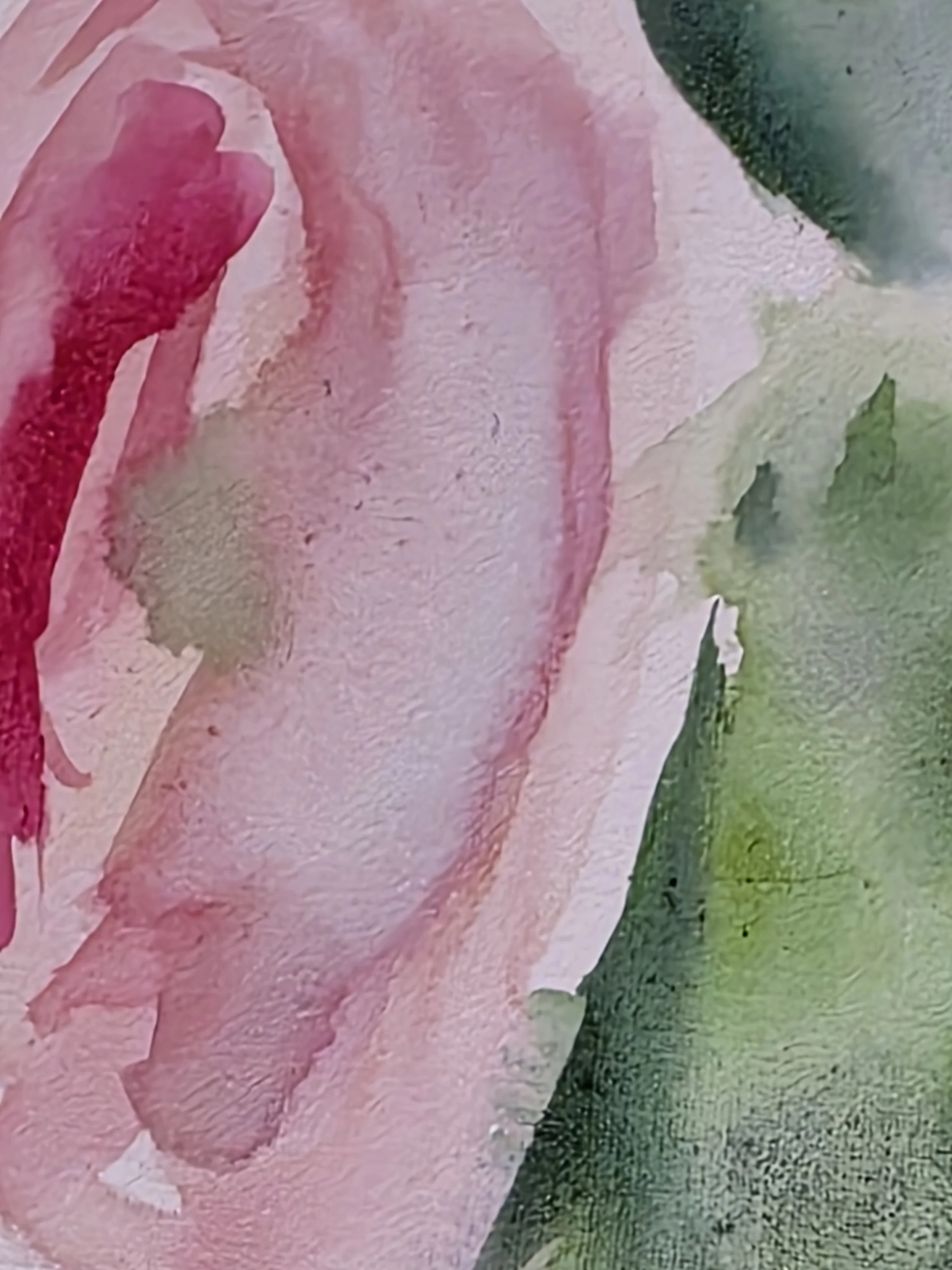 Close-up of loose pink roses, expressive green foliage and delicate details in Slow Down and Smell the Roses by Jennifer Mehling.