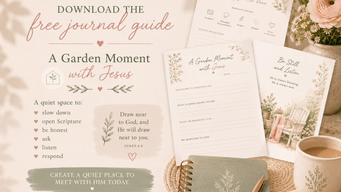 Soft pastel Christian printable journal guide promotion featuring feminine botanical design and invitation to download a quiet time devotional resource.
