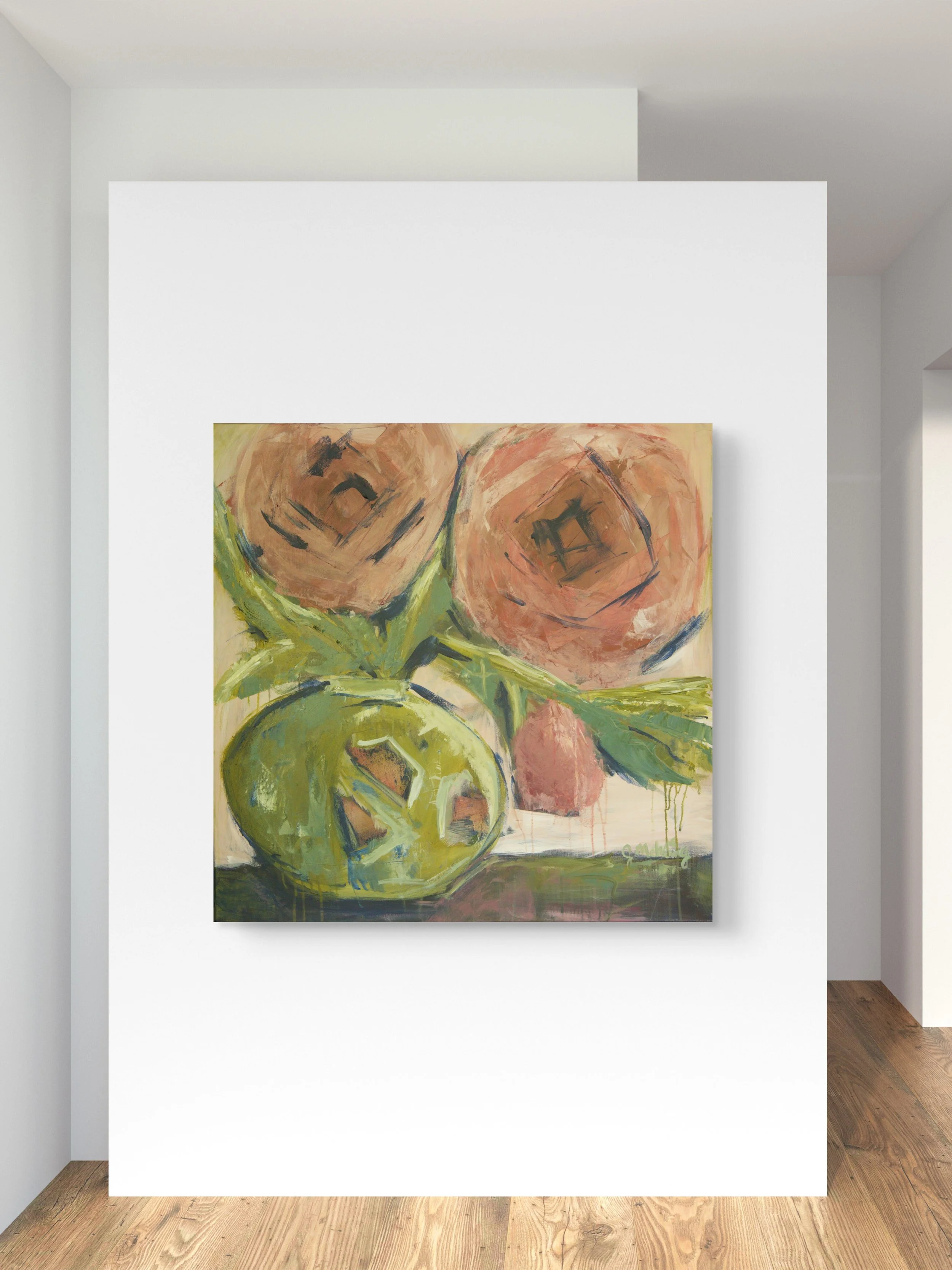 Come As You Are original 30 × 30 acrylic floral painting by Jennifer Mehling featuring oversized pink flowers in an expressive olive-green vessel.